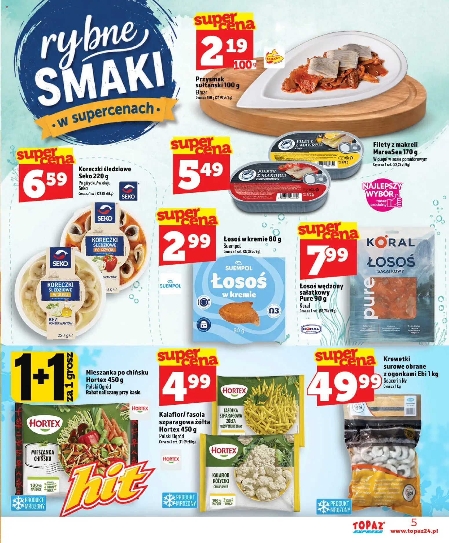 Topaz gazetka - Express od 15.10.2026 | Strona: 5 | Produkty: Kalafior, Łosoś wędzony, Krewetki, Łosoś