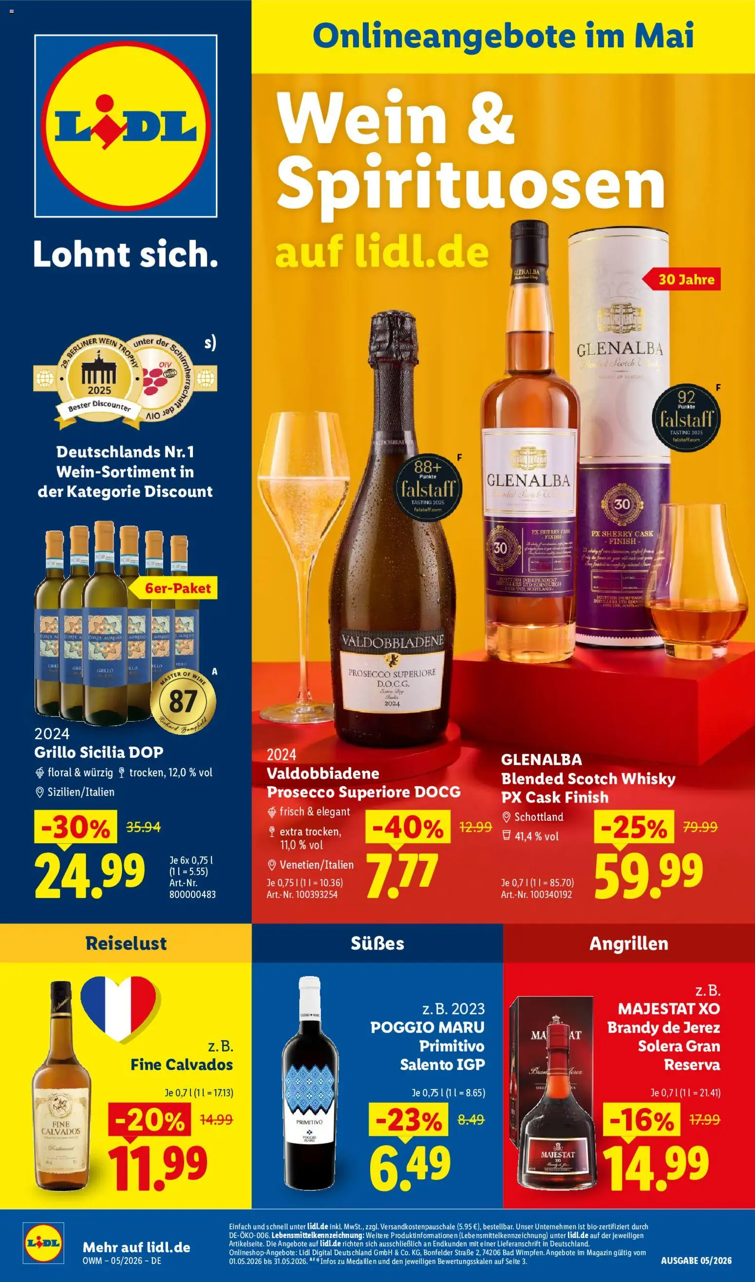 Lidl Německo leták - Wein & Spirituosen od 01.05.2026 | Strana: 1 | Produkty: Finish, Whisky, Brandy, Calvados