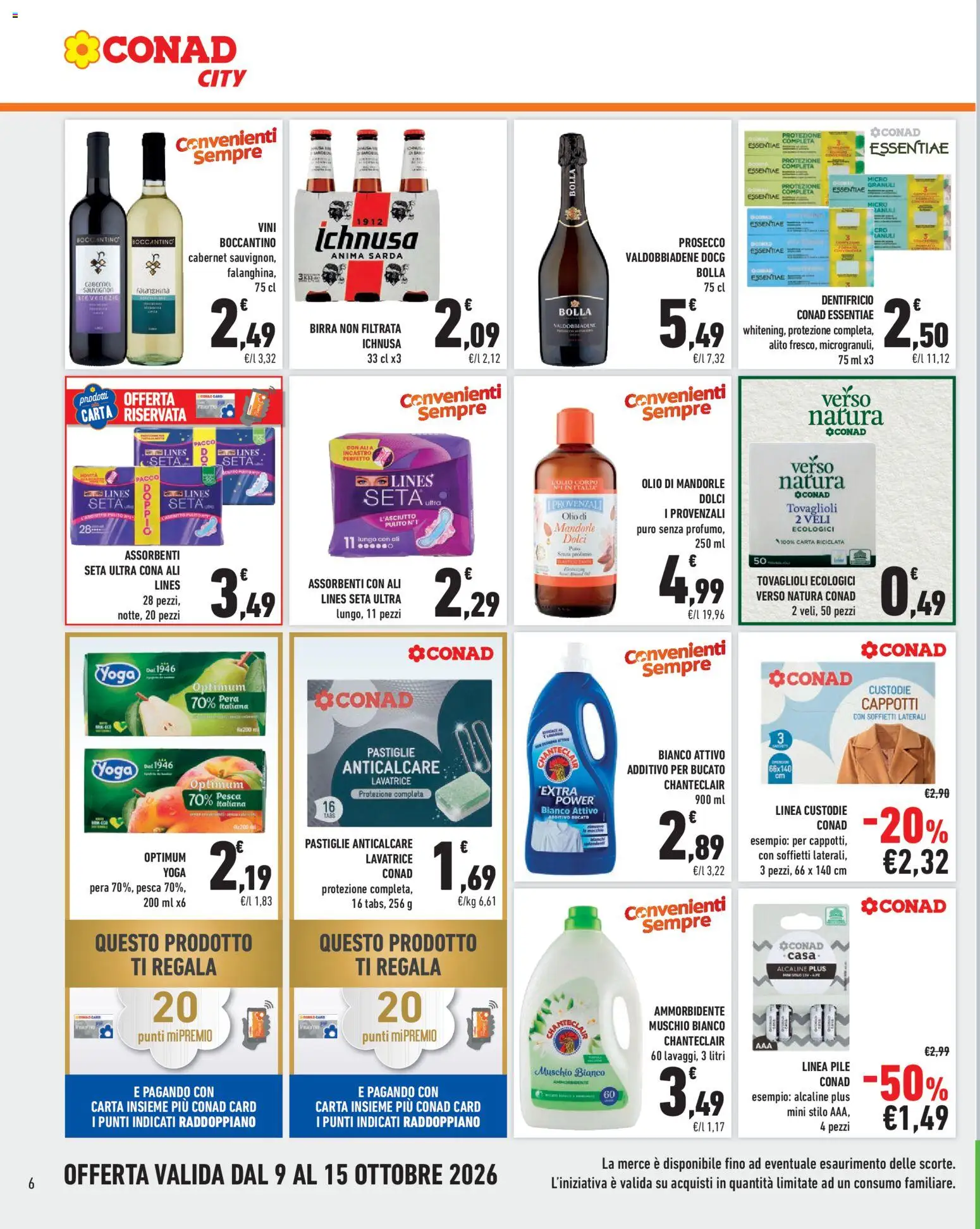 Volantino Conad del 09/10/2026 | Pagina: 6 | Prodotti: Pile, Birra, Mandorle, Lavatrice