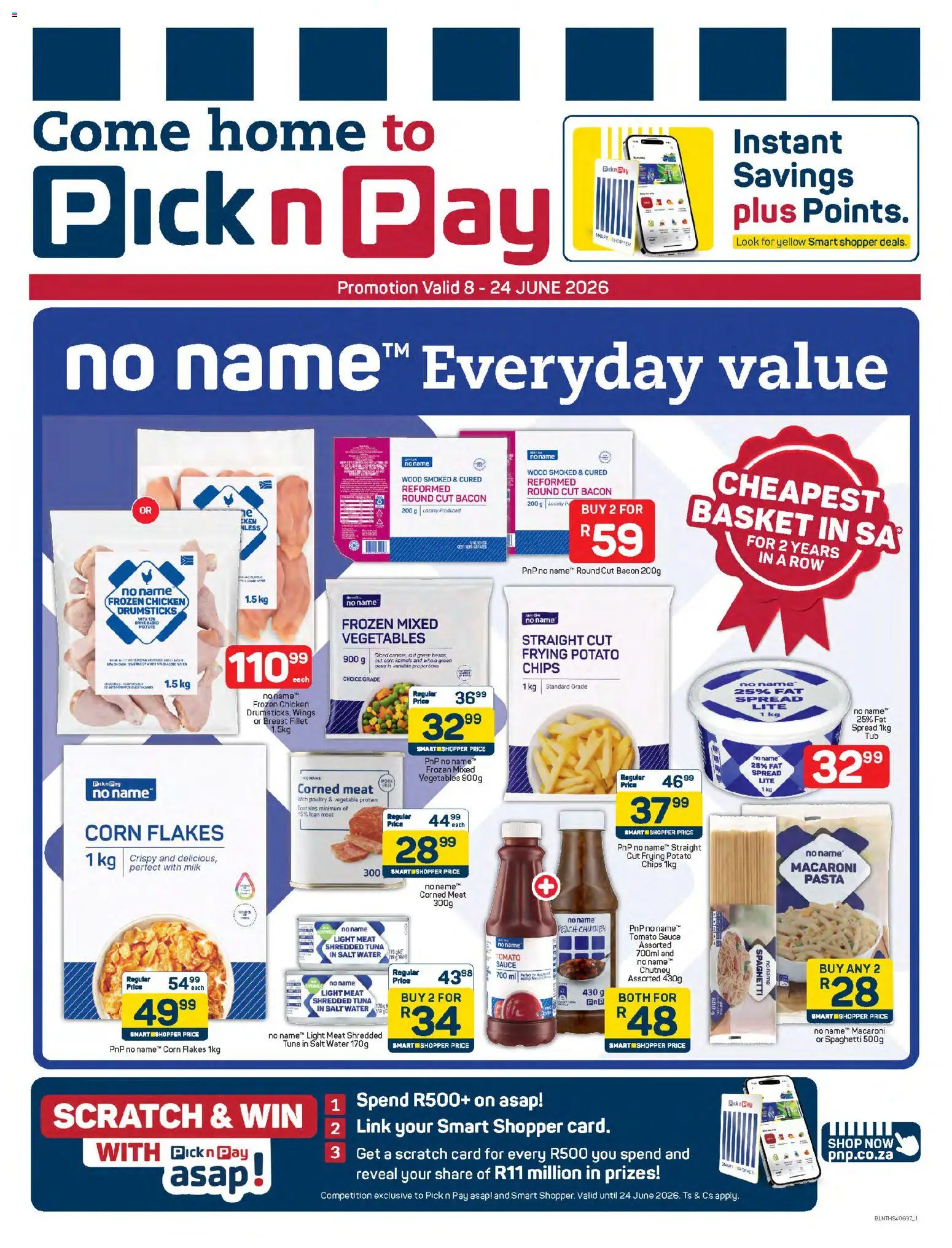 New Pick n Pay catalogue – valid from 08.06.2026 | Page: 1 | Products: Basket, Flakes, Vegetables, Bacon