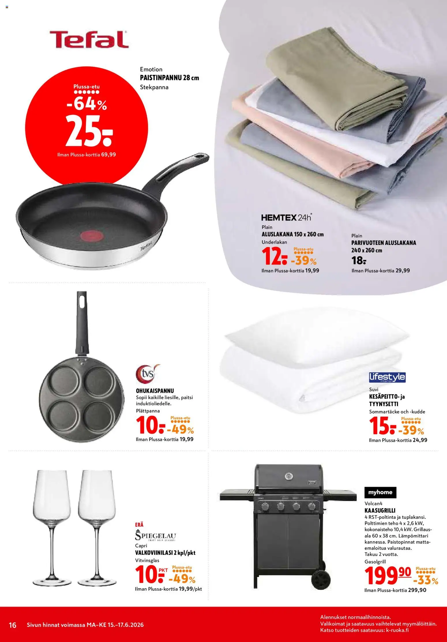 K-Citymarket tarjoukset – voimassa 15.06.2026 alkaen | Sivu: 16 | Tuotteet: Tyynysetti, Lämpömittari, Kaasugrilli, Aluslakana