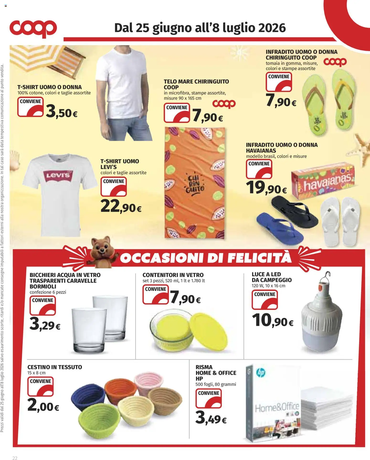 Volantino COOP del 25/06/2026 | Pagina: 22 | Prodotti: Acqua, Infradito, Data, Cestino