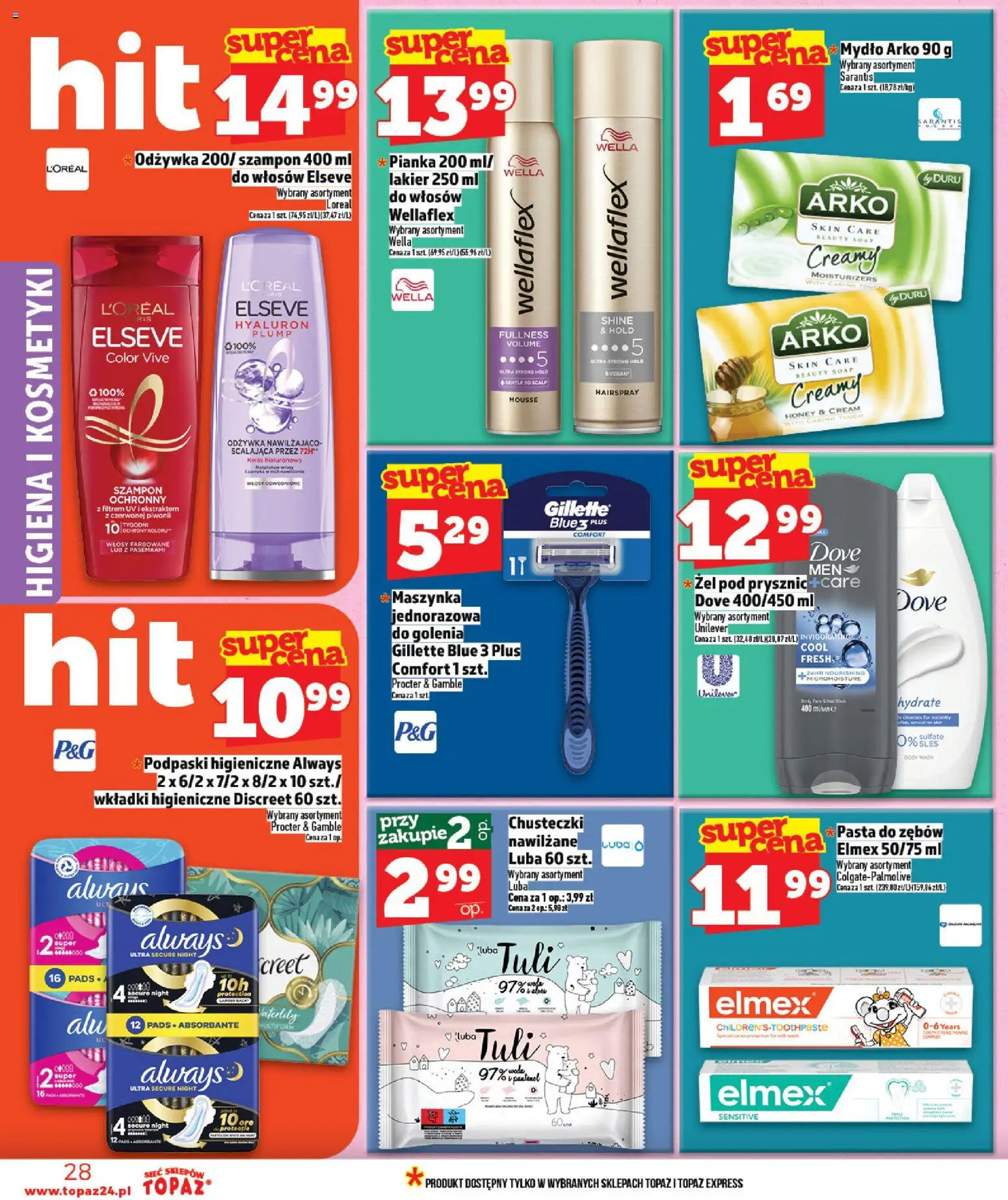 Topaz gazetka - MAZ od 30.04.2026 | Strona: 28 | Produkty: Gillette, Podpaski, Odżywka, Pasta do zębów