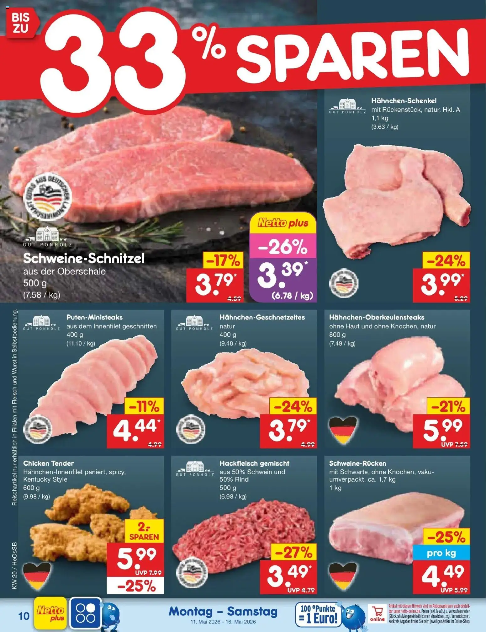 Netto Marken-Discount Prospekt Kröpelin	 – gültig ab 10.05.2026 | Seite: 11 | Produkte: Hahnchenschenkel, Schweinerucken, Fleisch, Hackfleisch