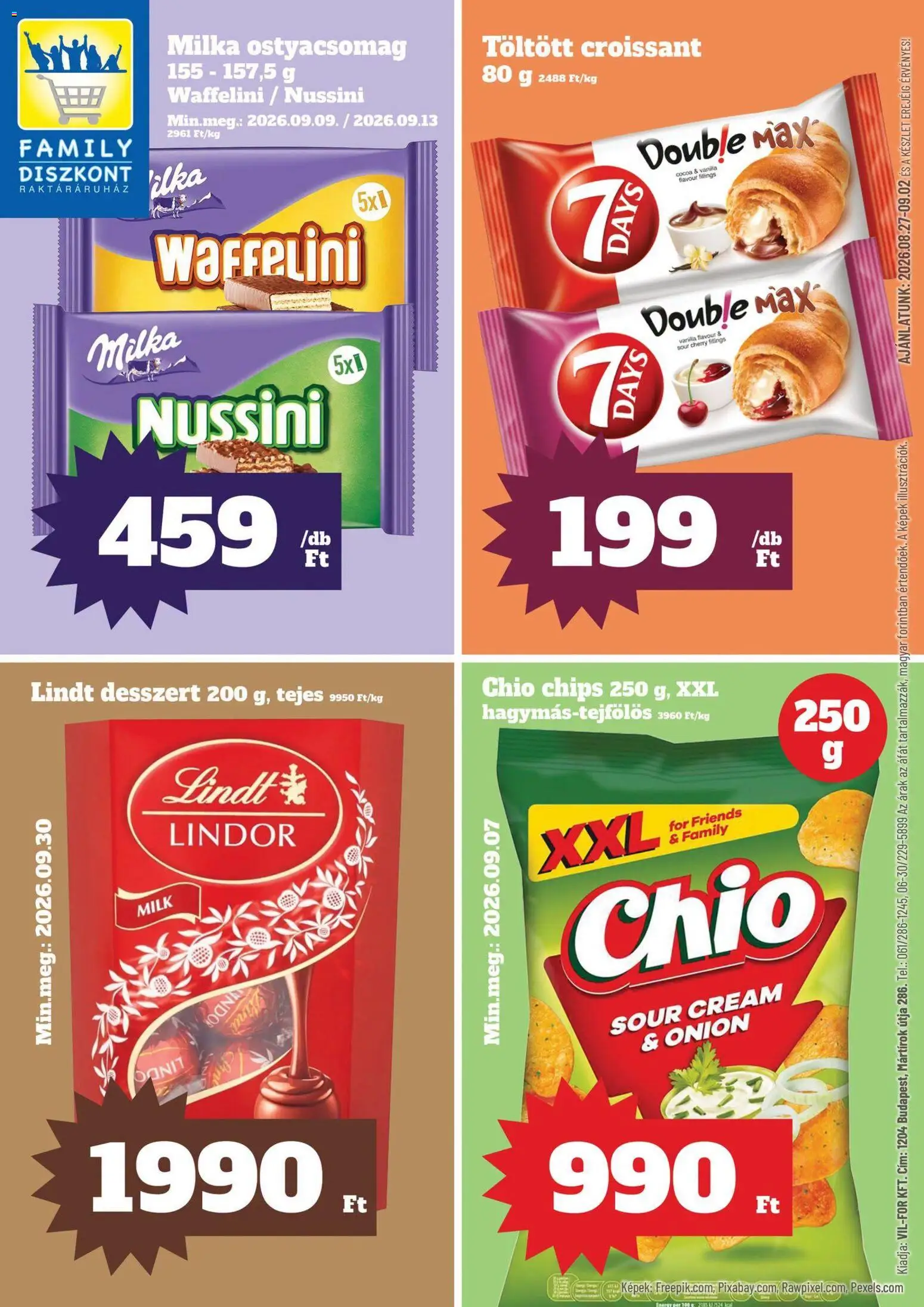 Family Diszkont akciós ujság - amely érvényes a következő dátumtól: 2026.08.27. | Oldal: 1 | Termékek: Chips, Chio, Milka, Lindor