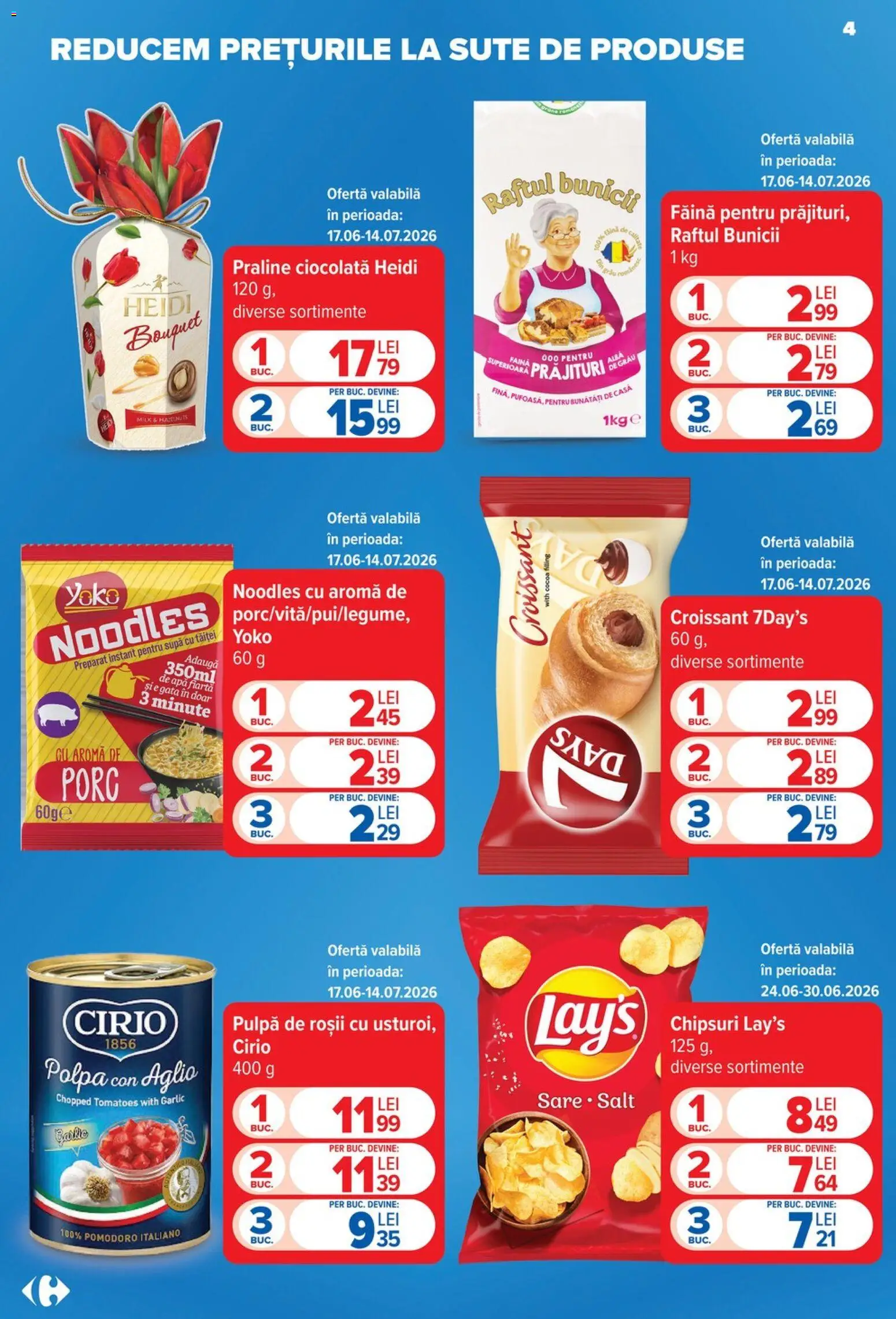 Noul catalog Carrefour – valabil de la 24.06.2026 | Pagină: 4 | Produse: Ciocolată, Noodles, Apă, Sare
