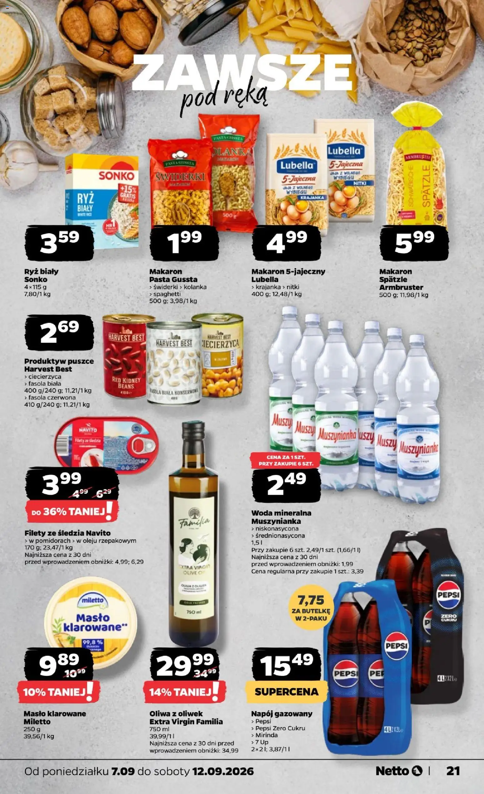 Netto gazetka od poniedziałku od 07.09.2026 | Strona: 21 | Produkty: Oliwa z oliwek, Oliwa z oliwek extra virgin, Fasola biała, Fasola