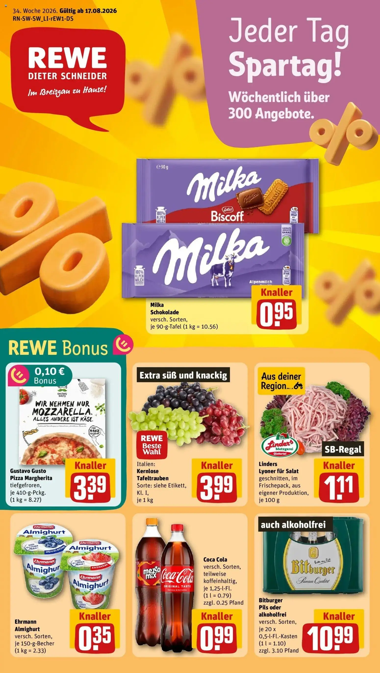 REWE Prospekt ab 17.08.2026 zum Blättern » Angebote | Seite: 1 | Produkte: Coca cola, Ehrmann almighurt, Schokolade, Pils