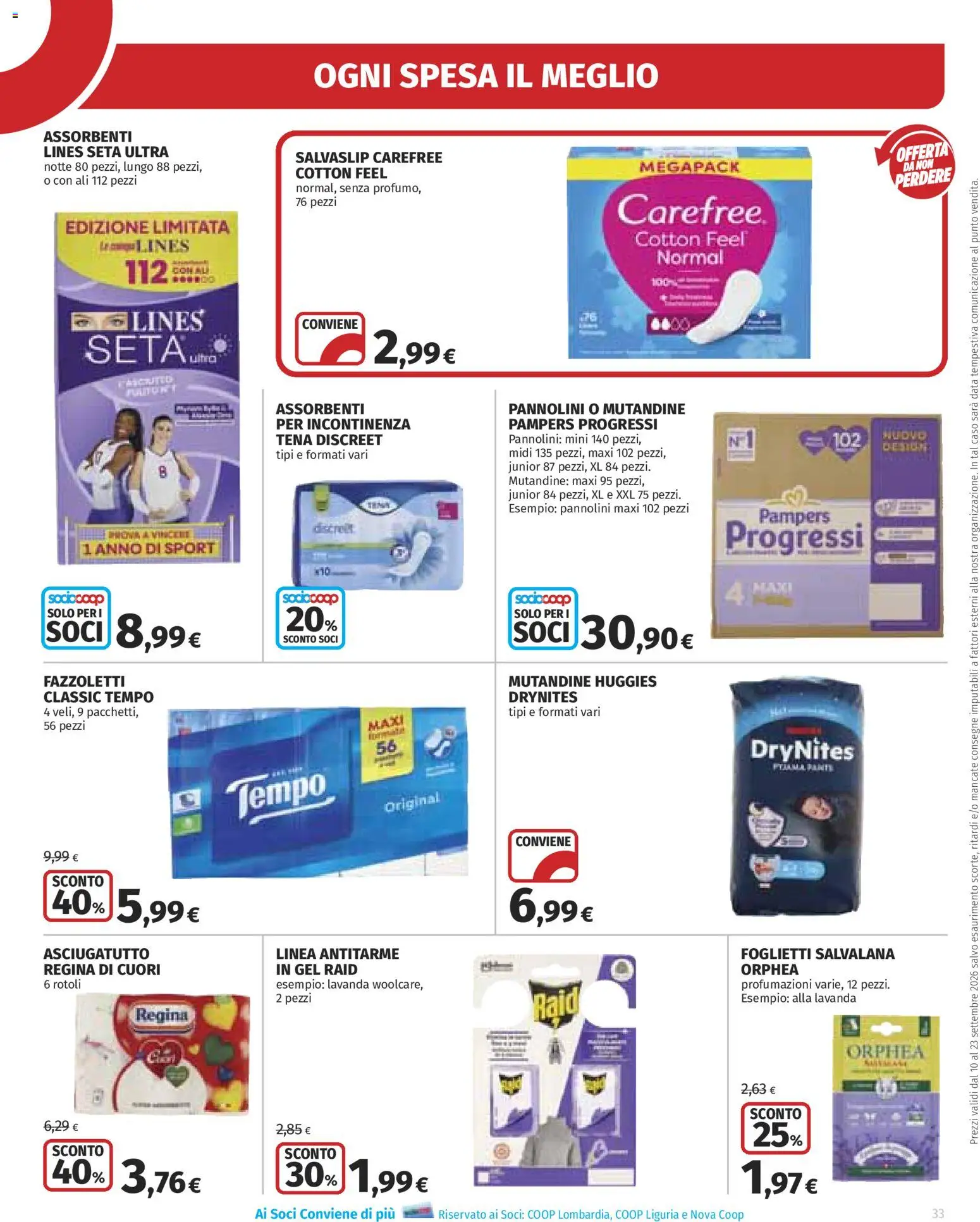 Volantino Ipercoop del 10/09/2026 | Pagina: 33 | Prodotti: Pannolini, Fazzoletti, Mutandine, Salvaslip