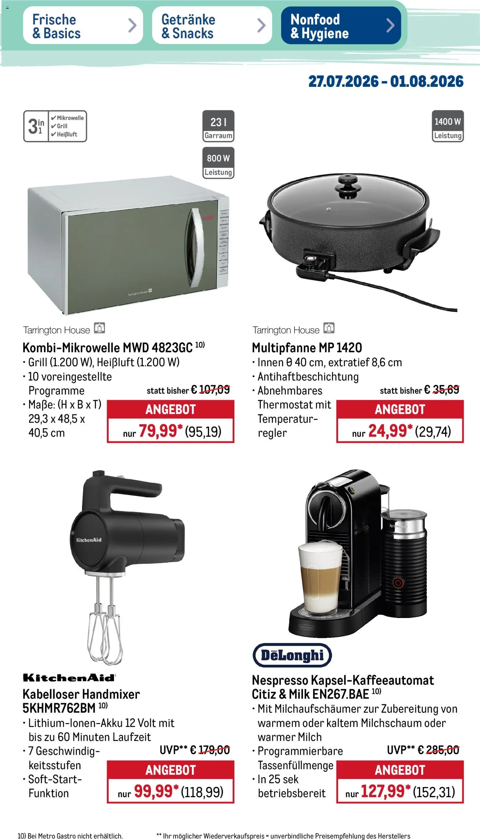 Metro Prospekt – gültig ab 27.07.2026 | Seite: 49 | Produkte: Mikrowelle, Grill, Milch, Handmixer