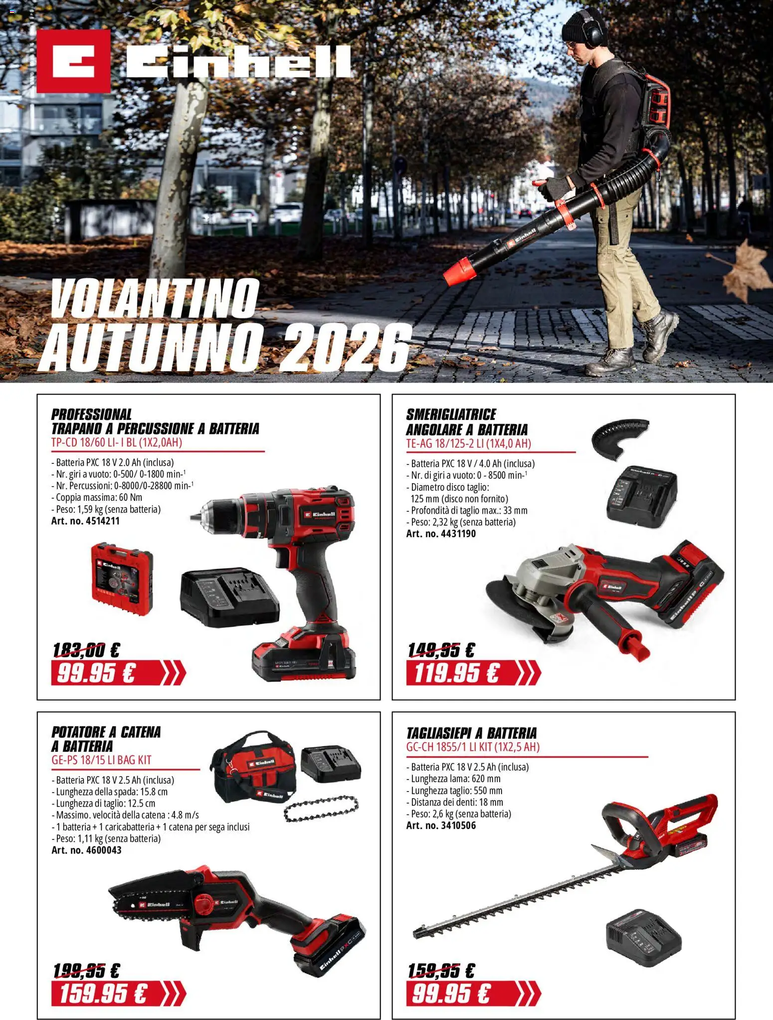 Volantino Einhell del 01/10/2026 | Pagina: 1 | Prodotti: Taglio, Tagliasiepi, Trapano, Sega