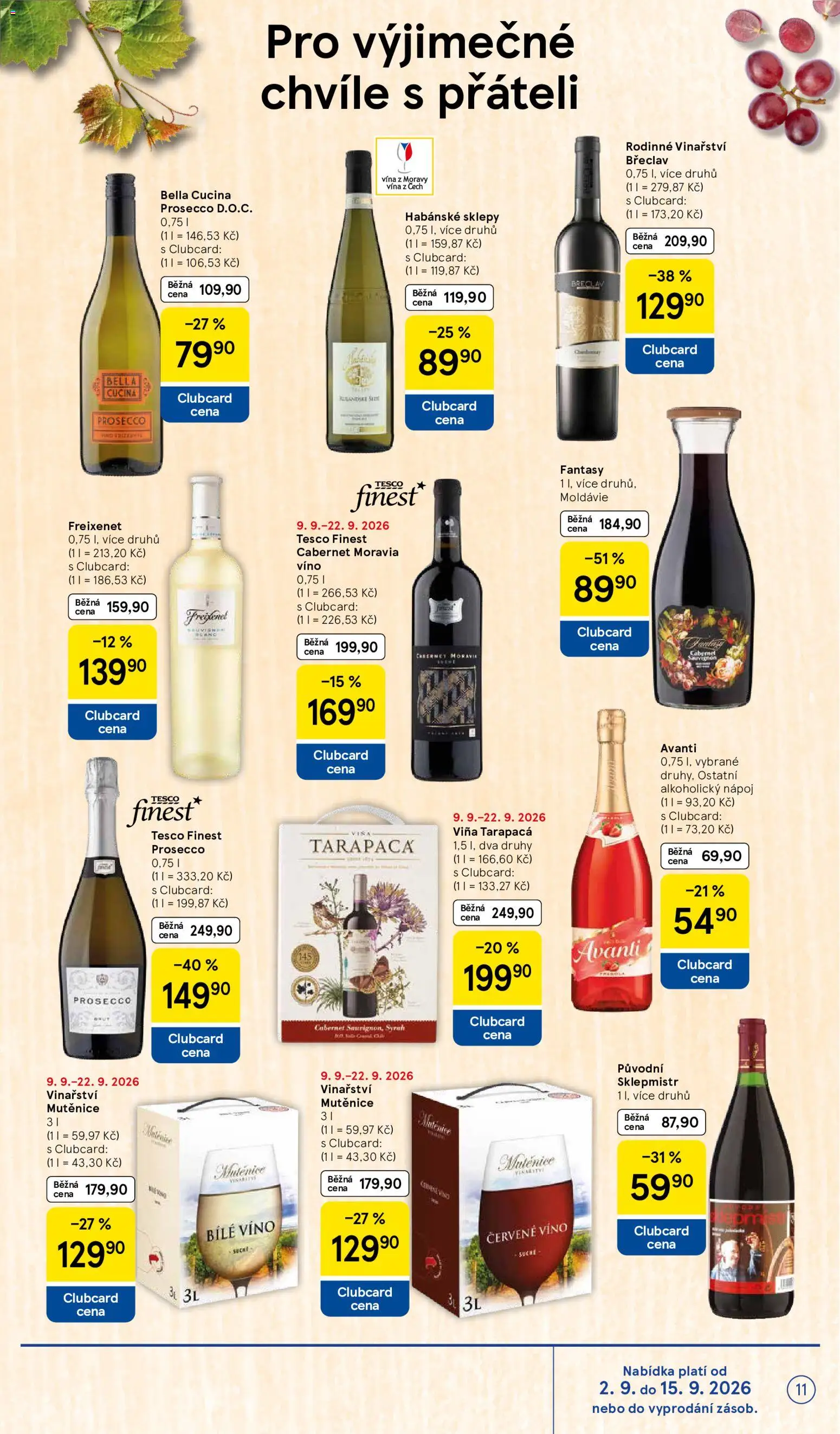 Tesco leták - Supermarket od 09.09.2026 | Strana: 11 | Produkty: Tarapaca, Prosecco, Sklepmistr, Červené víno