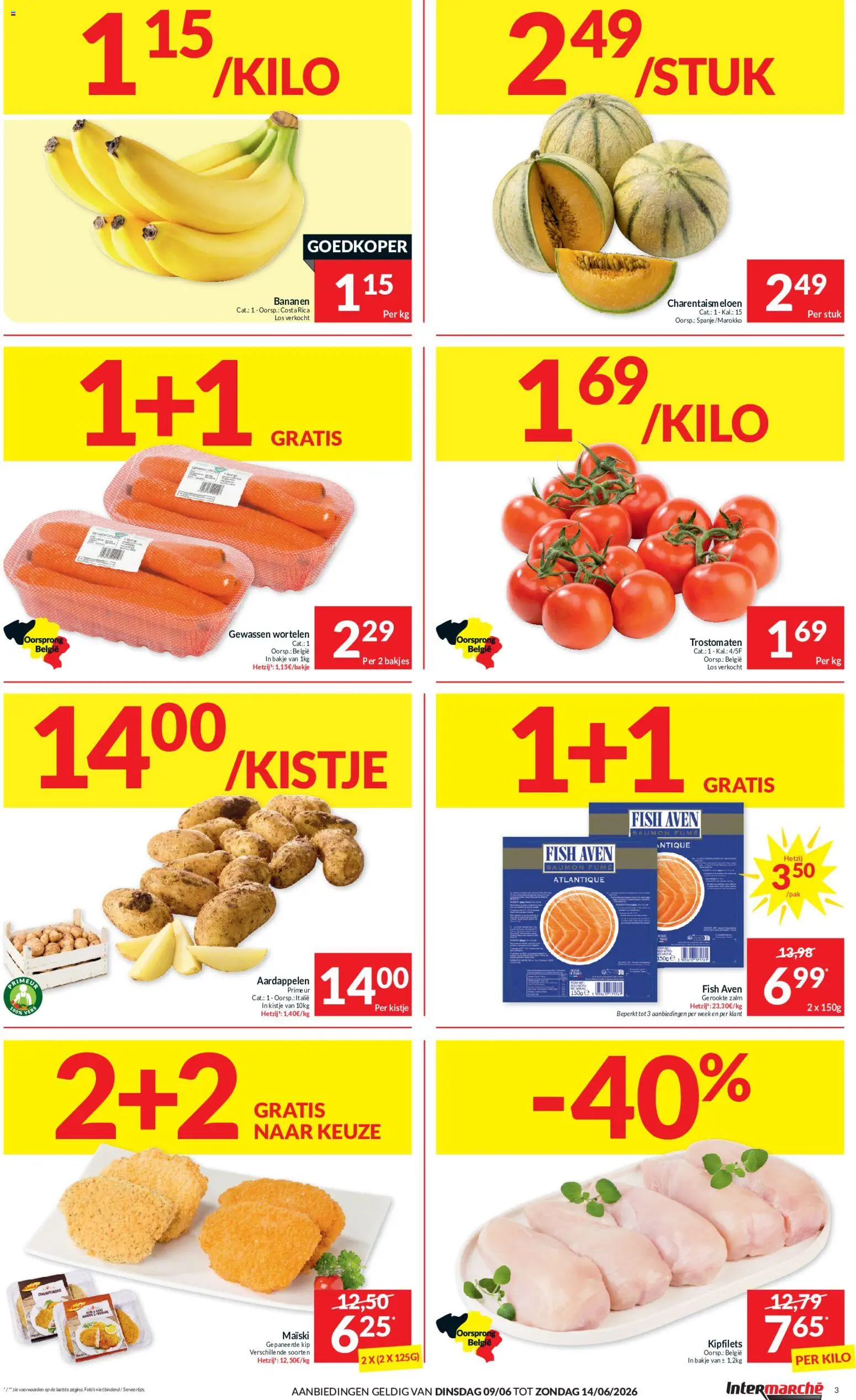 {H1} | Pagina: 3 | Producten: Zalm, Bananen, Kip, Wortelen