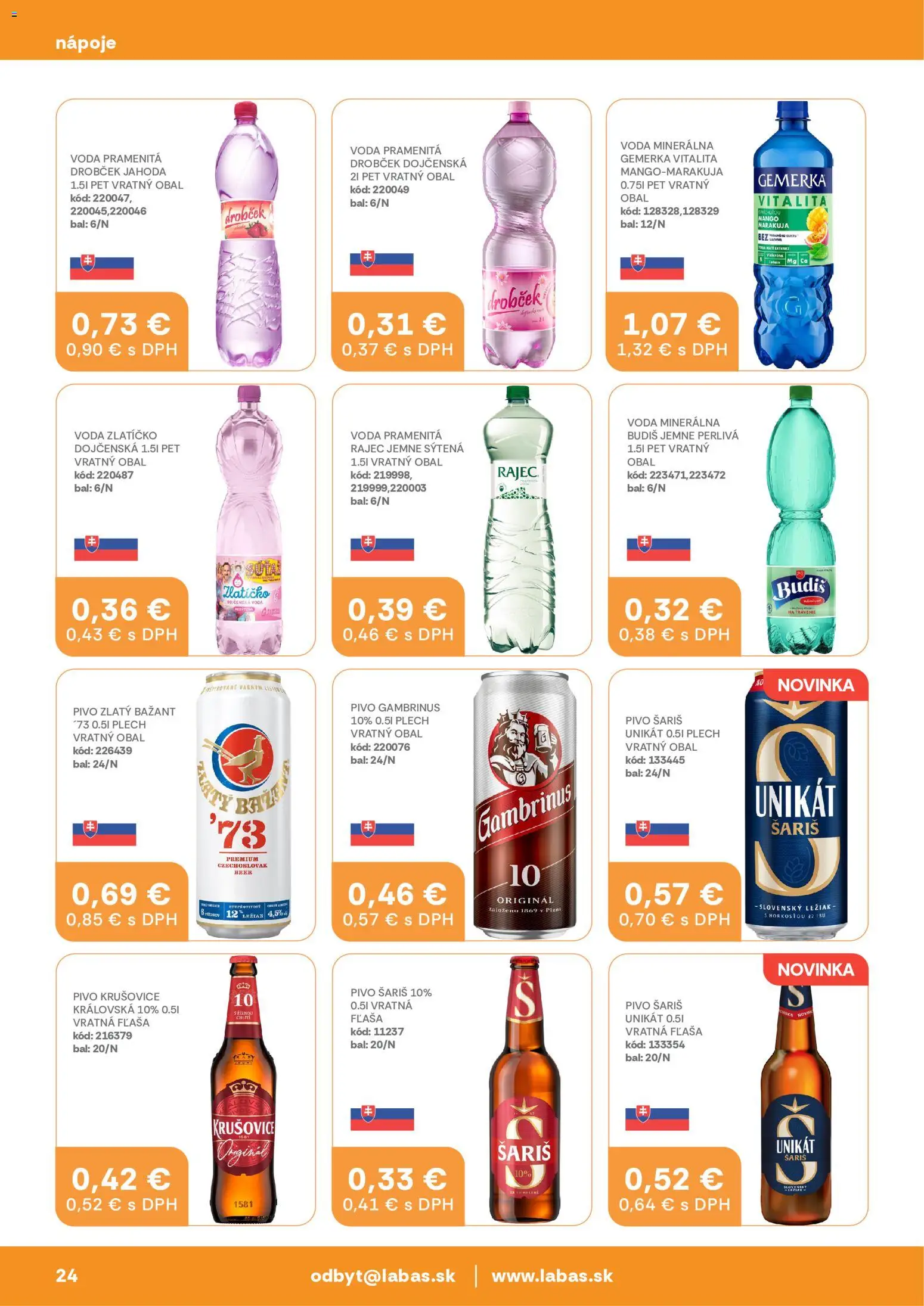 Nové Labaš akcie – leták je platný od 08.05.2026 | Strana: 24 | Produkty: Pivo, Voda, Minerálna voda, Gemerka