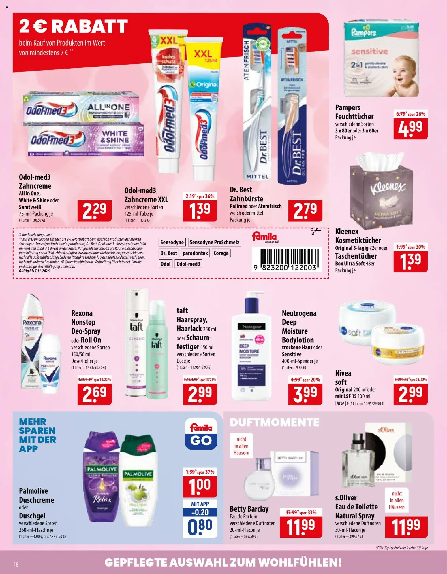 Famila Prospekt – gültig ab 02.11.2026 | Seite: 18 | Produkte: Pampers, Zahnbürste, Duschcreme, Deospray