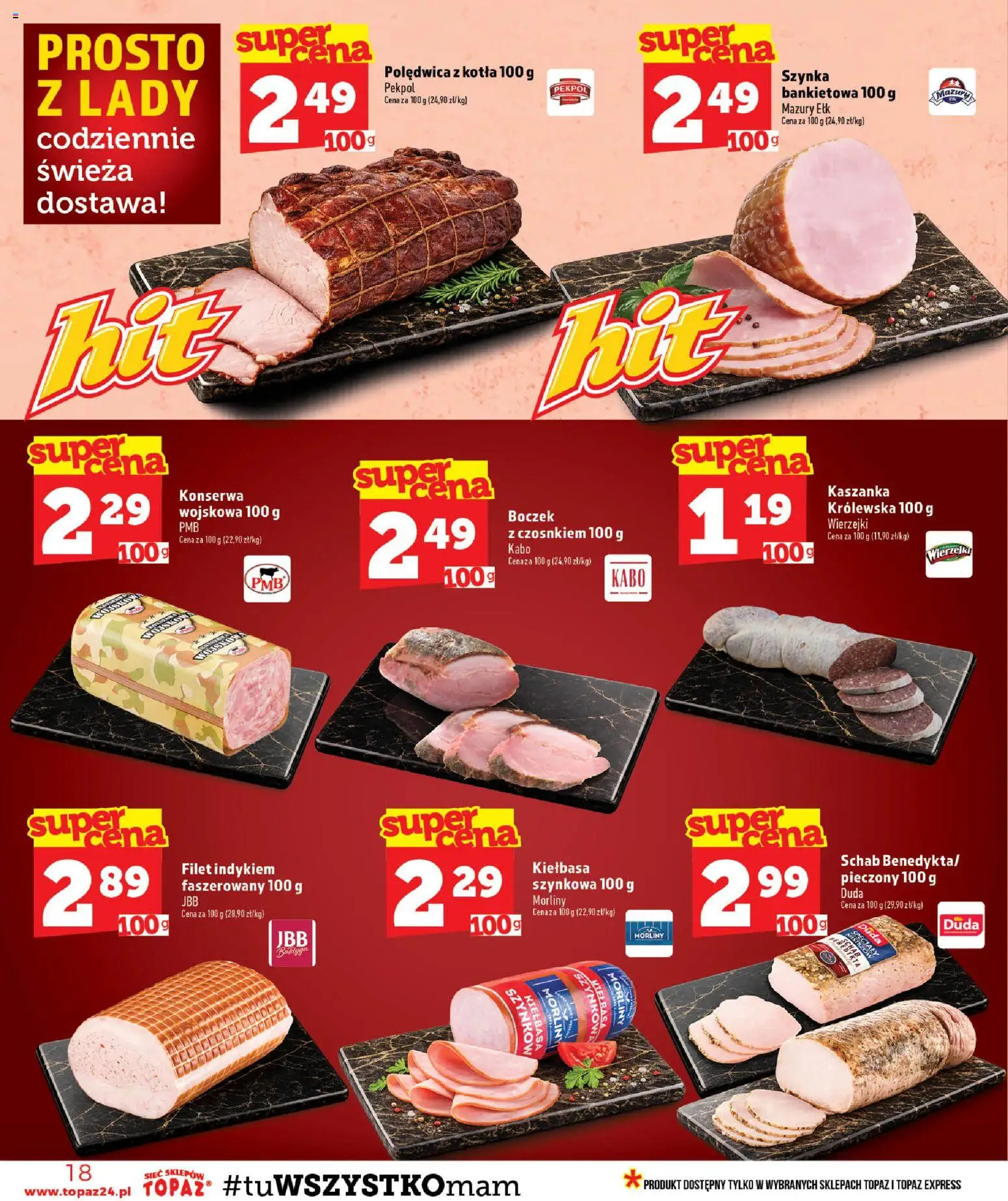 Topaz gazetka - MAZ od 23.07.2026 | Strona: 18 | Produkty: Kiełbasa, Schab, Kaszanka, Boczek