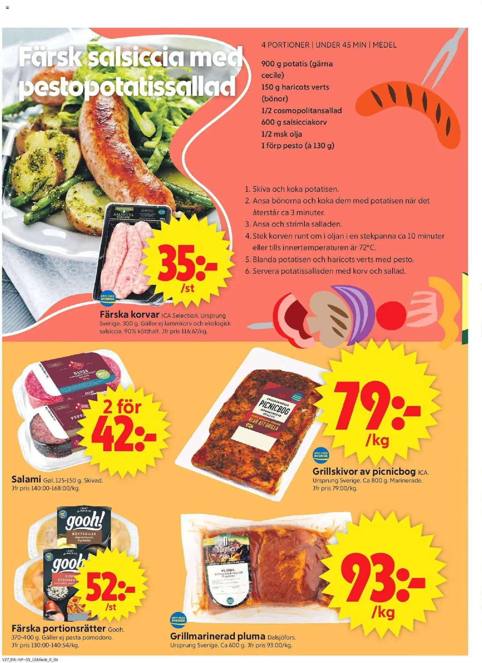 ICA Supermarket reklamblad aktuell från 29/06/2026 | Sida: 4 | Produkter: Köttbullar, Galler, Haricots verts, Potatis