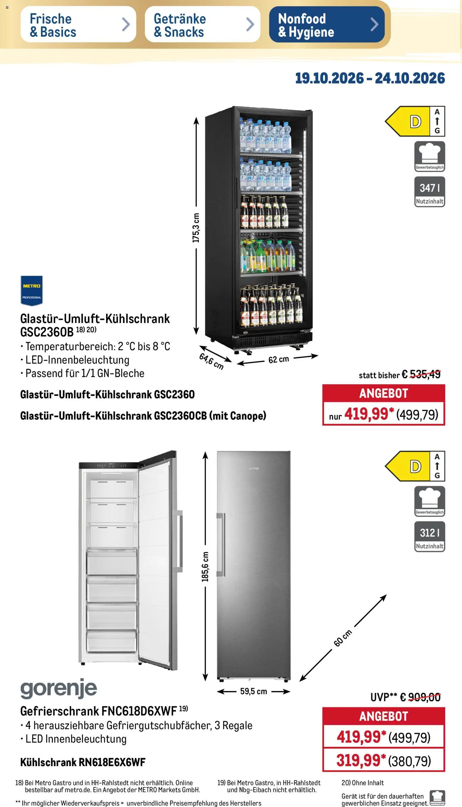 Metro NonFood-Angebote – gültig ab 19.10.2026 | Seite: 6 | Produkte: Gorenje, Gefrierschrank, Kühlschrank