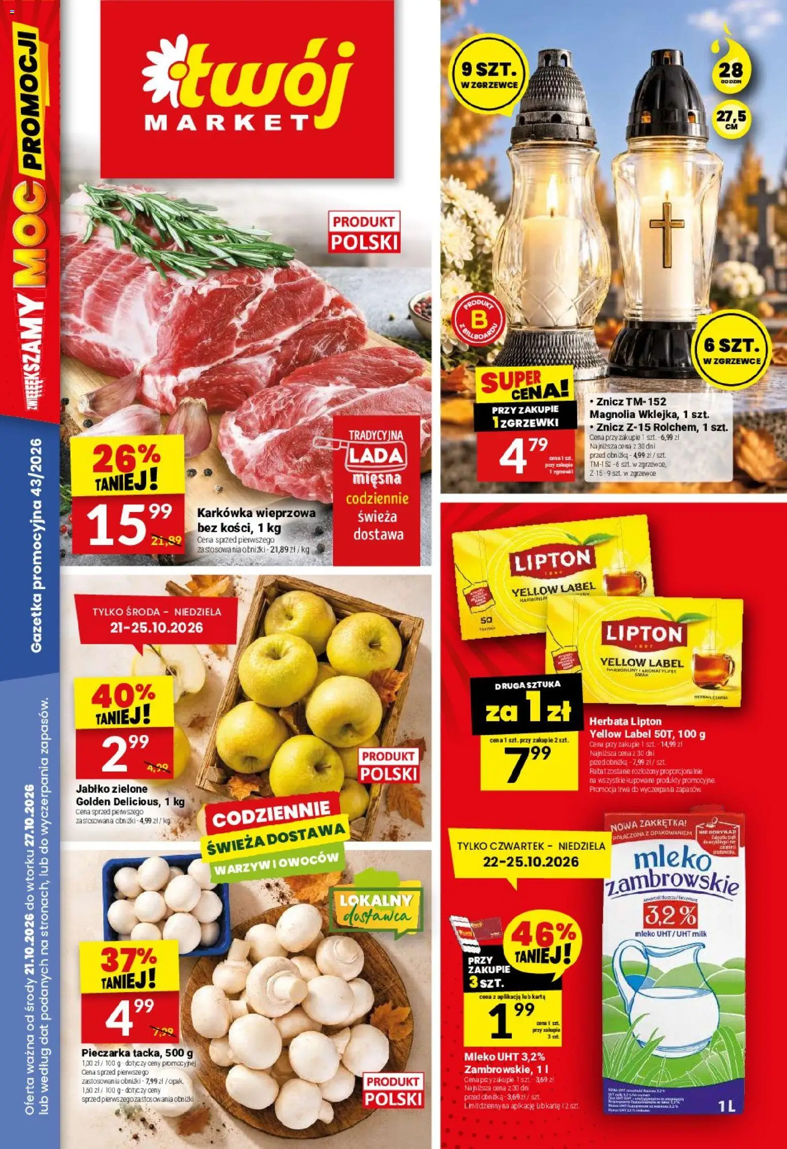Twój Market gazetka od 21.10.2026 | Strona: 1 | Produkty: Karta, Karkówka wieprzowa, Mleko UHT, Herbata