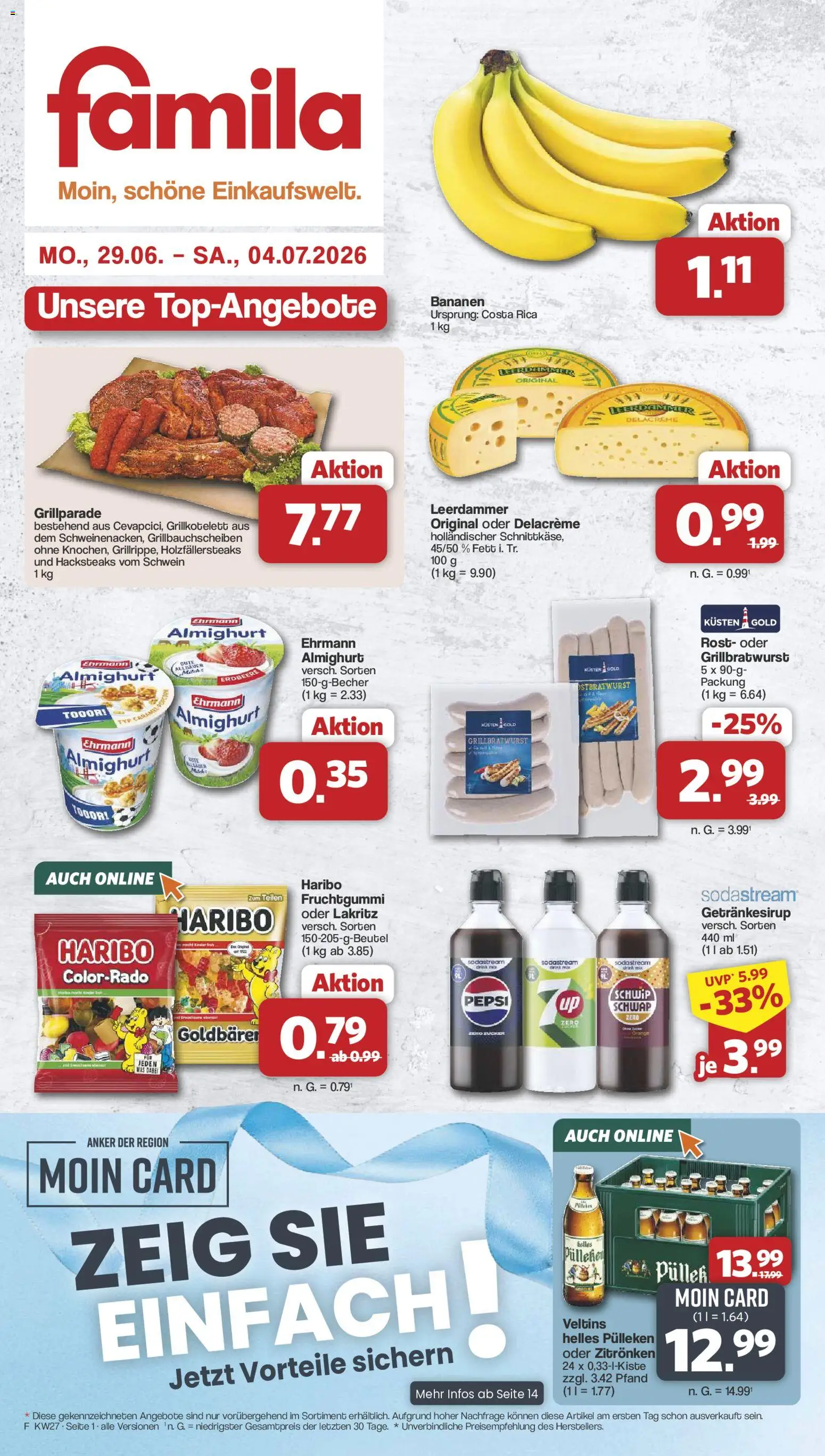 Famila Nordwest Prospekt – gültig ab 29.06.2026 | Seite: 1 | Produkte: Helles pulleken, Bananen, Schwip schwap, Leerdammer