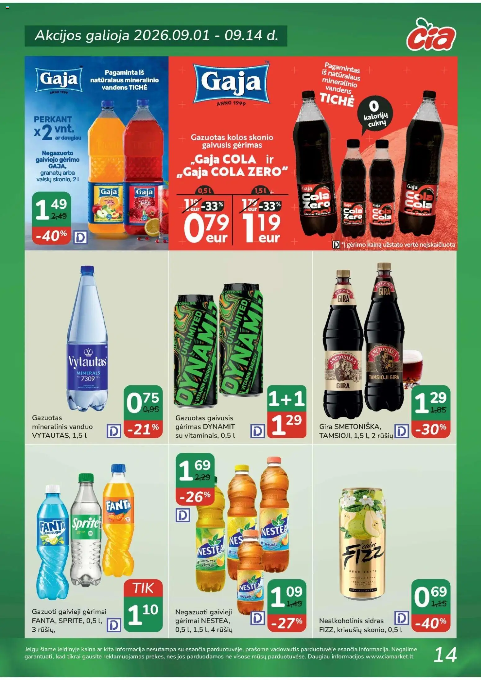 ČIA MARKET akcijos nuo 2026.09.01 | Puslapis: 14 | Prekių: Gaivusis gėrimas, Vanduo, Nealkoholinis sidras, Mineralinis vanduo