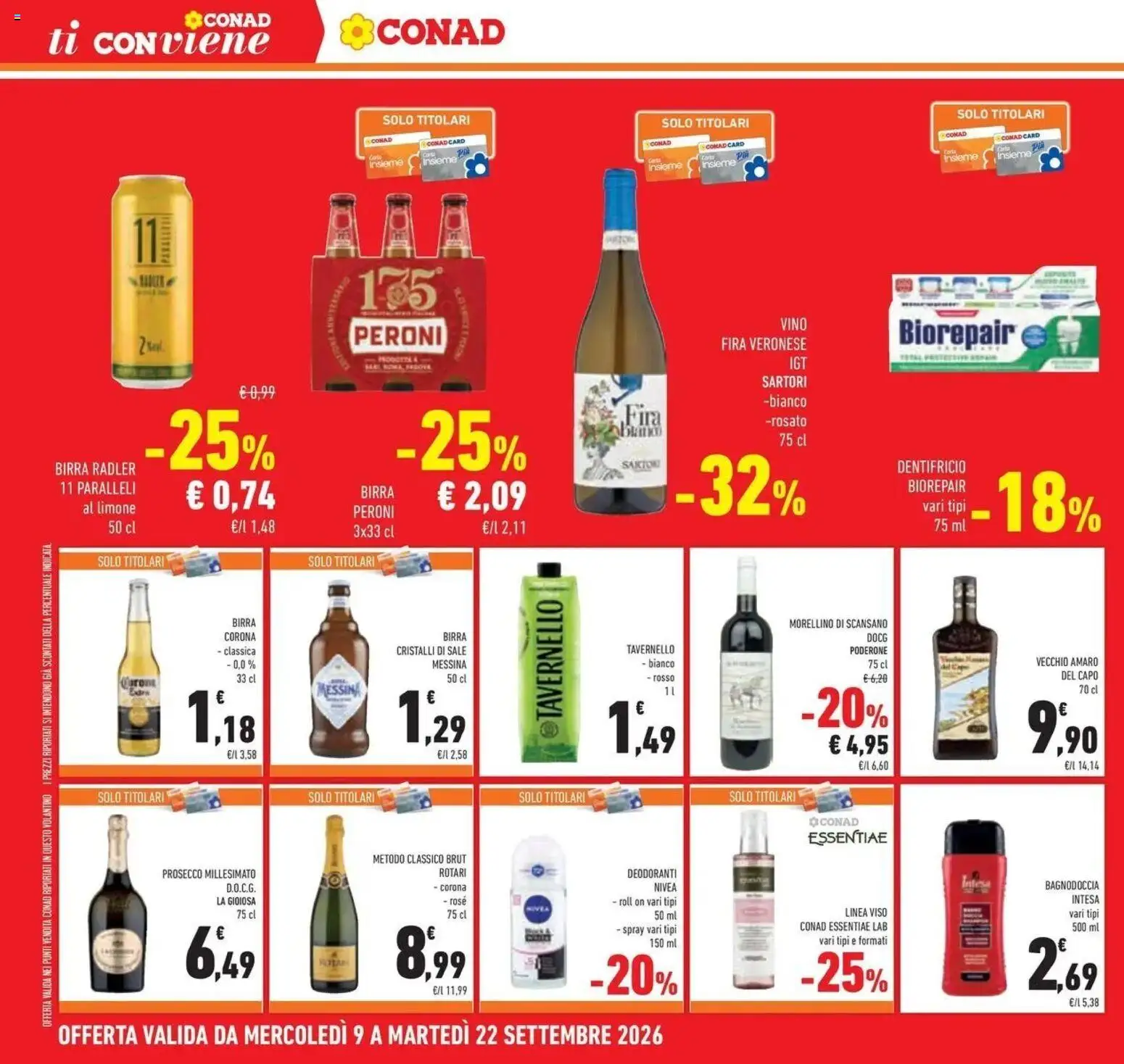 Volantino Conad dal 09/09/2026 > Anteprima | Pagina: 20 | Prodotti: Limone, Bagno, Birra Peroni, Amaro
