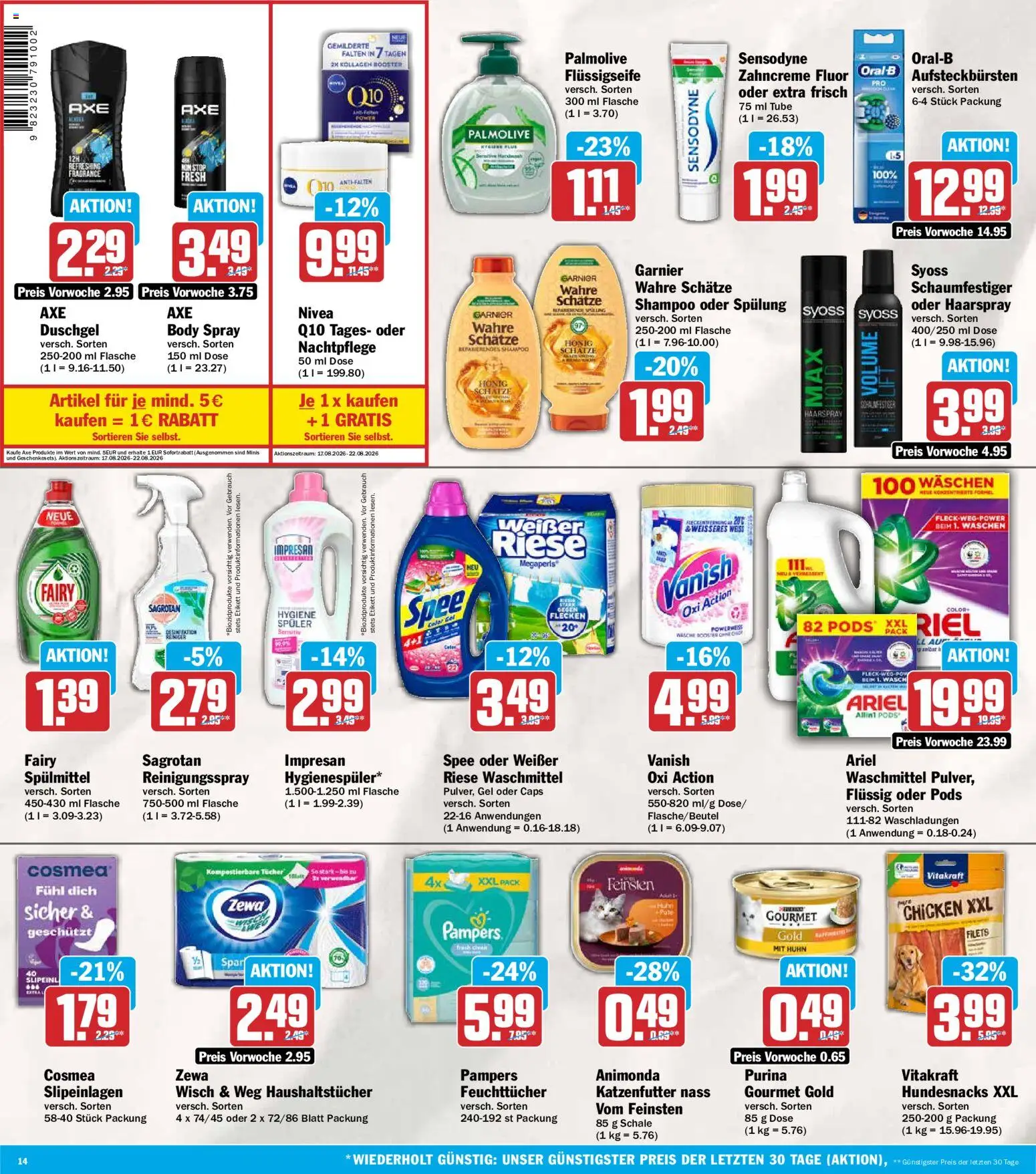 HIT Prospekt – gültig ab 17.08.2026 | Seite: 14 | Produkte: Ariel, Shampoo, Spülung, Axe