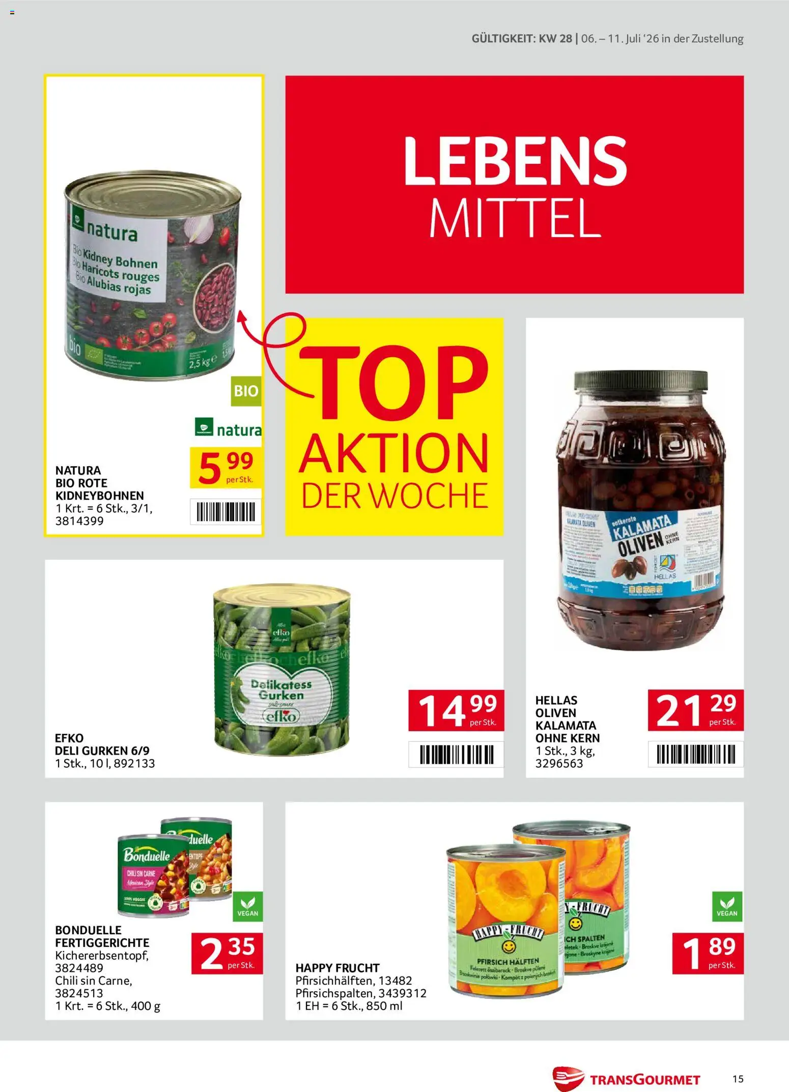 Transgourmet Zustellaktion gültig ab 06.07.2026 | Seite: 15 | Produkte: Gurken, Fertiggerichte, Pfirsich, Szeder