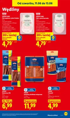 Pogląd oferty "PIKOK PURE, Filet z piersi kurczaka, 100 g, cena przed obniżką/, cena poza promocją: 5,99/opak., * cena za 1 opak., przy zakupie 2 opak., lub wielokrotności 2 opak., Szczegóły promocji dostępne, w aplikacji Lidl Plus." - ważna od 11.06.2026 | Strona: 53 | Produkty: Piersi, Kabanosy, Paluszki, Wędliny