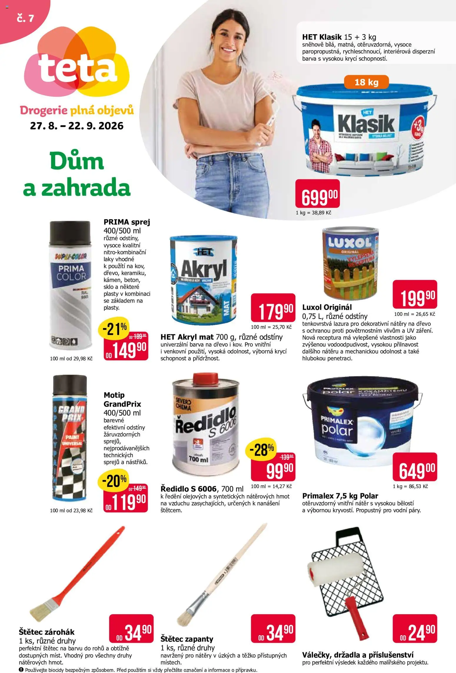 TETA Drogerie leták - Dům a zahrada od 27.08.2026 | Strana: 1 | Produkty: Primalex, Zahrada, Drogerie, Štětec