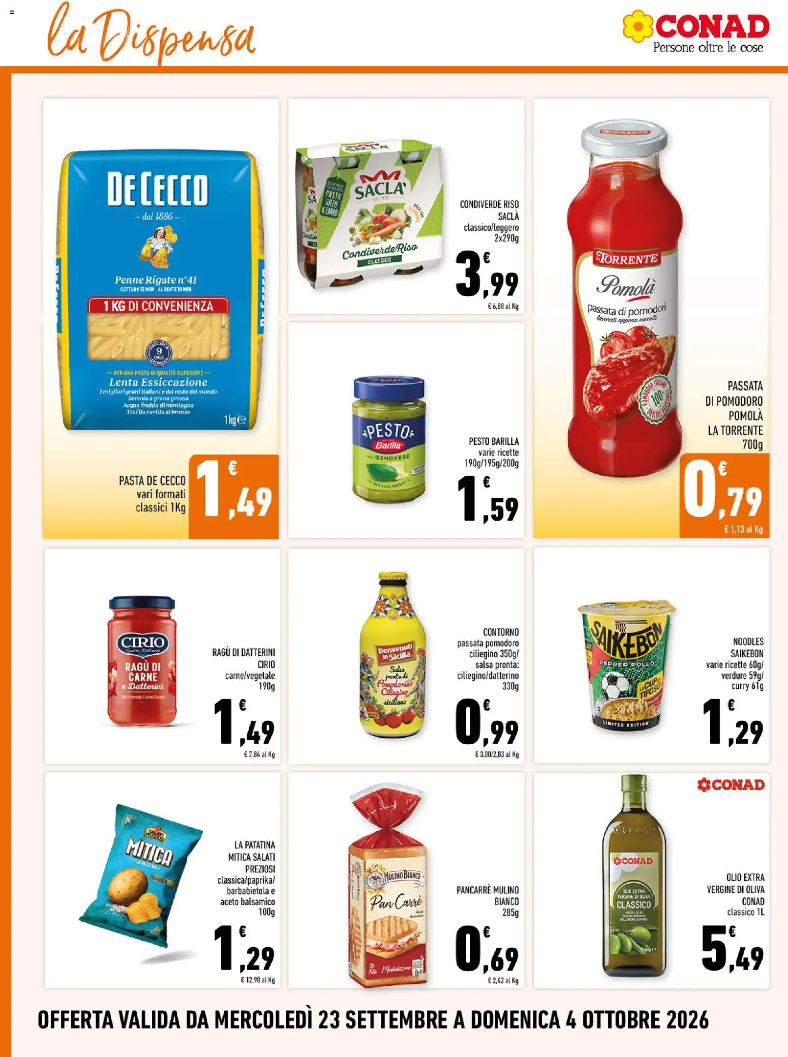 Volantino Conad del 23/09/2026 | Pagina: 12 | Prodotti: De Cecco, Olive, Pesto, Passata di pomodoro