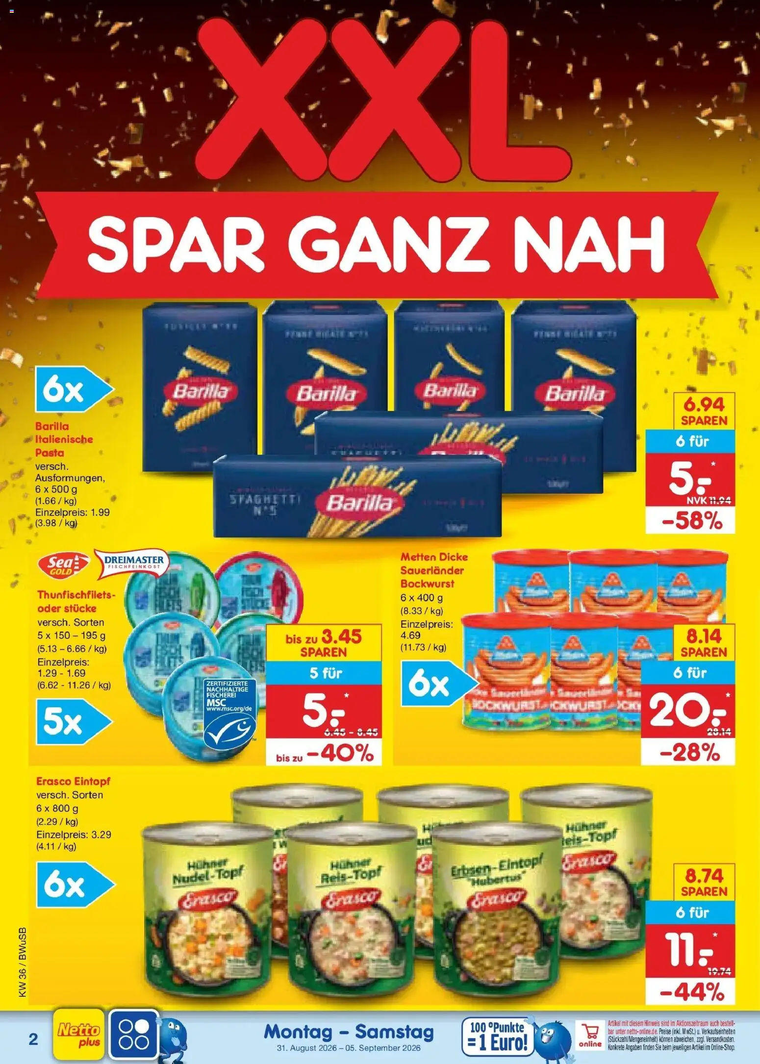 Netto Marken-Discount Prospekt Stemwede-Dielingen (ab 31.08.2026) » Angebote | Seite: 4 | Produkte: Bockwurst, Barilla, Pasta, Erasco