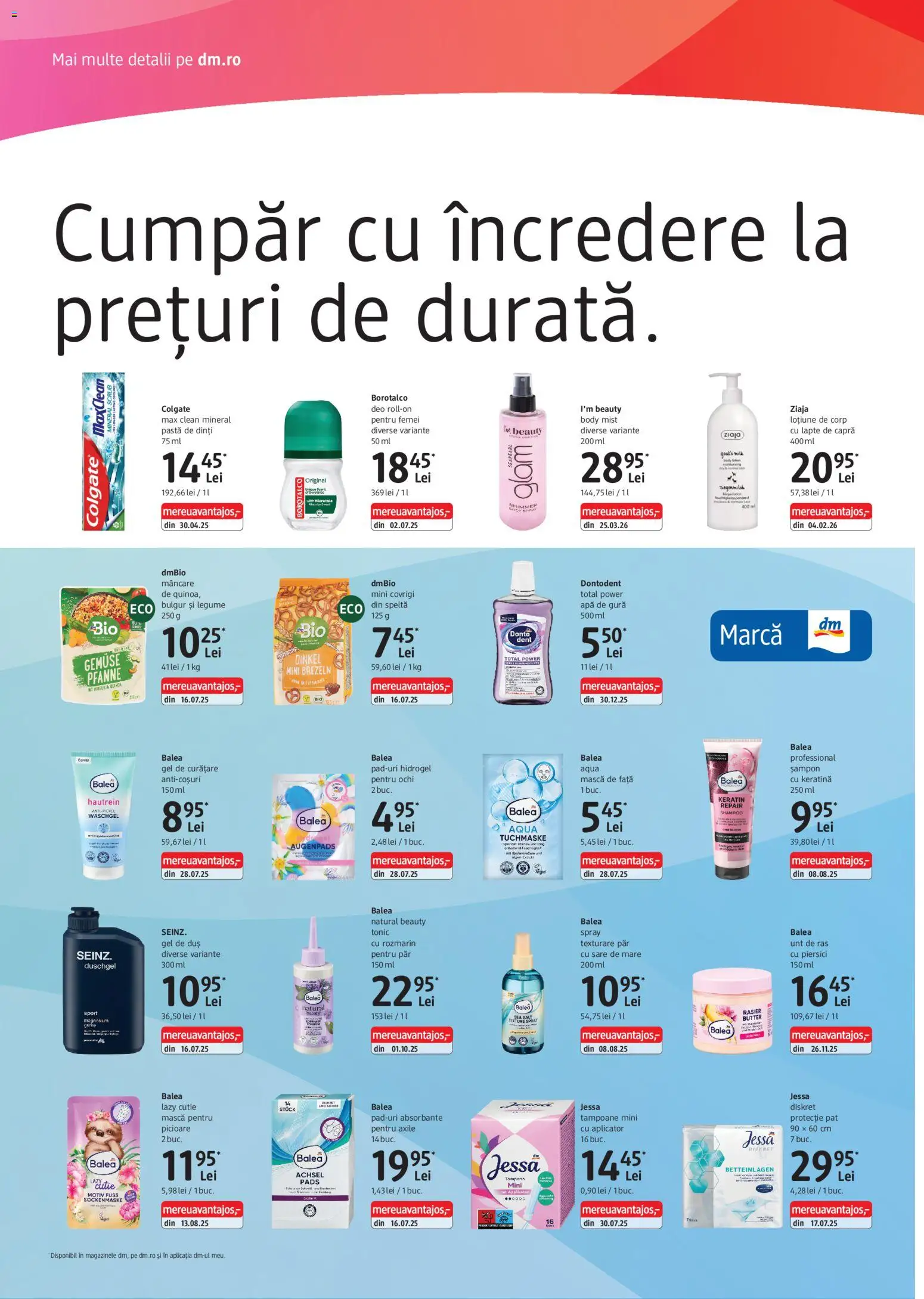 Noul catalog DM drogeriemarkt – valabil de la 16.04.2026 | Pagină: 2 | Produse: Duș, Lapte, Pastă de dinți, Legume
