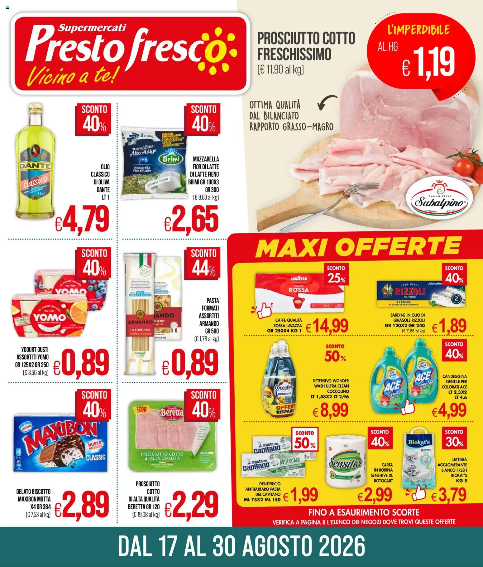 Volantino Presto Fresco del 17/08/2026 | Pagina: 1 | Prodotti: Dentifricio, Tè, Latte, Pasta