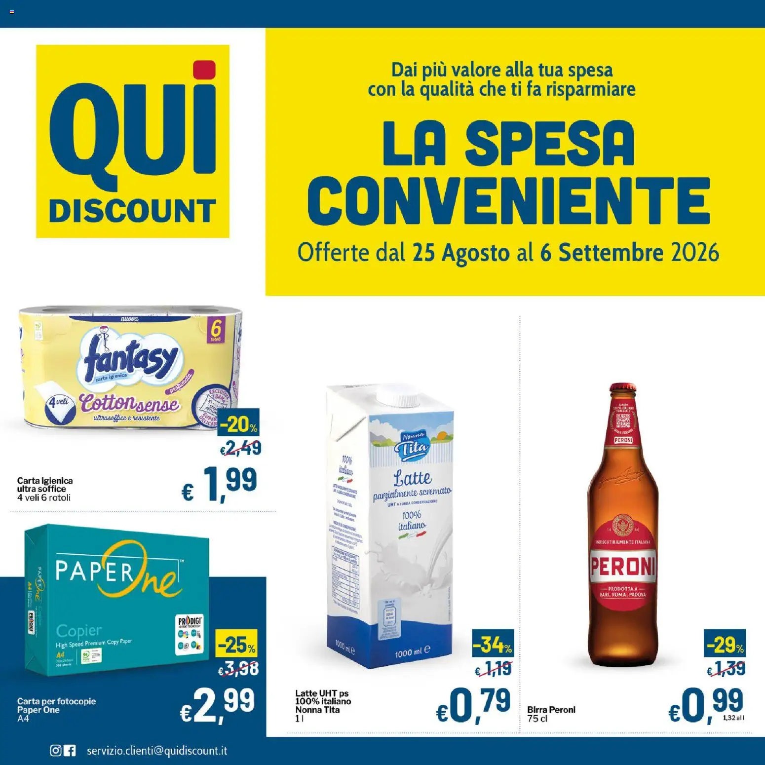 Volantino Qui Discount del 25/08/2026 | Pagina: 1 | Prodotti: Carta igienica, Birra, Latte, Birra Peroni