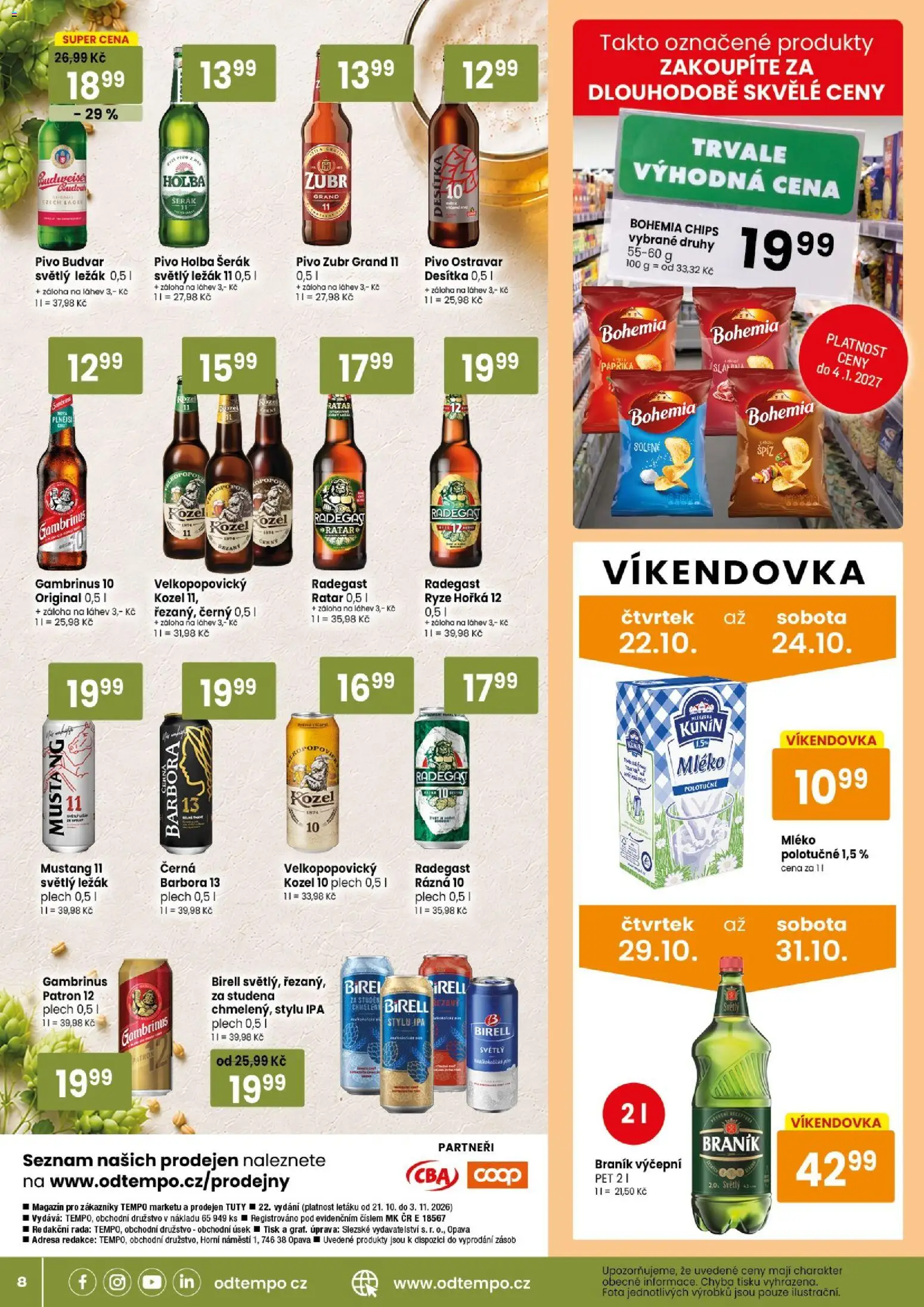 Tempo leták - Tuty od 21.10.2026 | Strana: 8 | Produkty: Mléko, Šerák, Pivo Ostravar, Bohemia chips