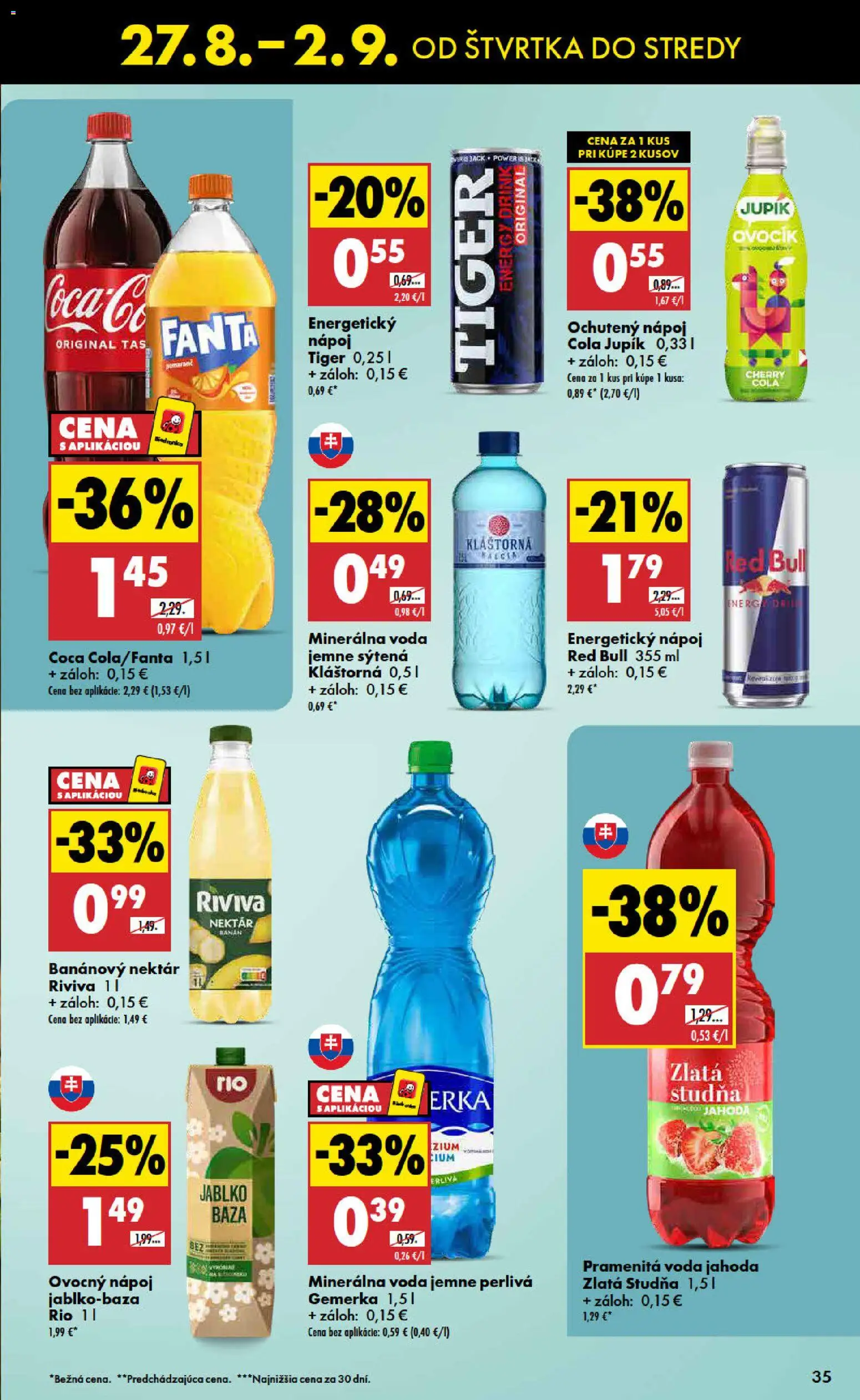 Nové Biedronka akcie – leták je platný od 27.08.2026 | Strana: 35 | Produkty: Fanta, Minerálna voda, Cola, Energetický nápoj