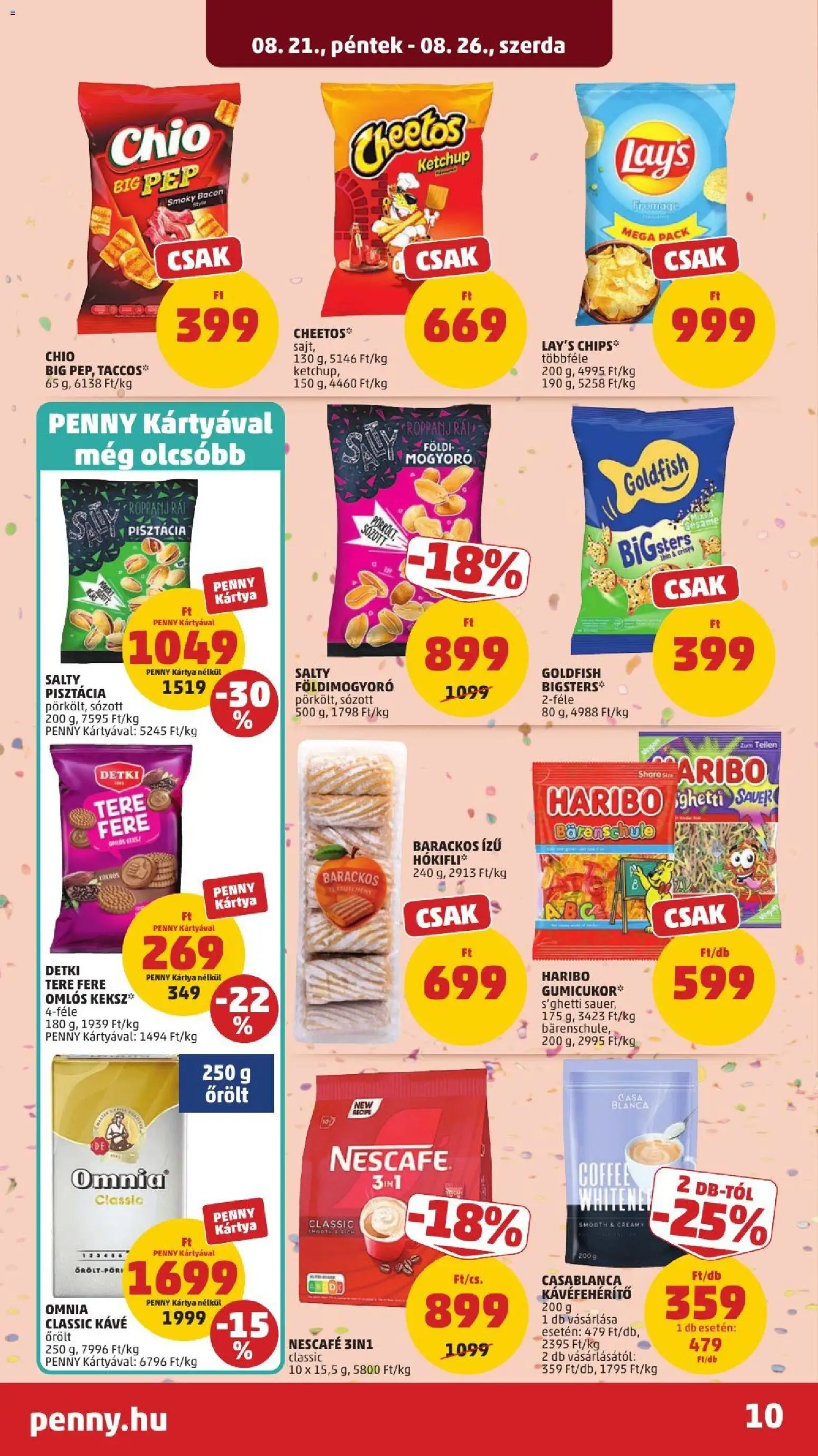 PENNY akciós ujság - amely érvényes a következő dátumtól: 2026.08.21. | Oldal: 14 | Termékek: Chips, Gumicukor, Kávéfehérítő, Földimogyoró