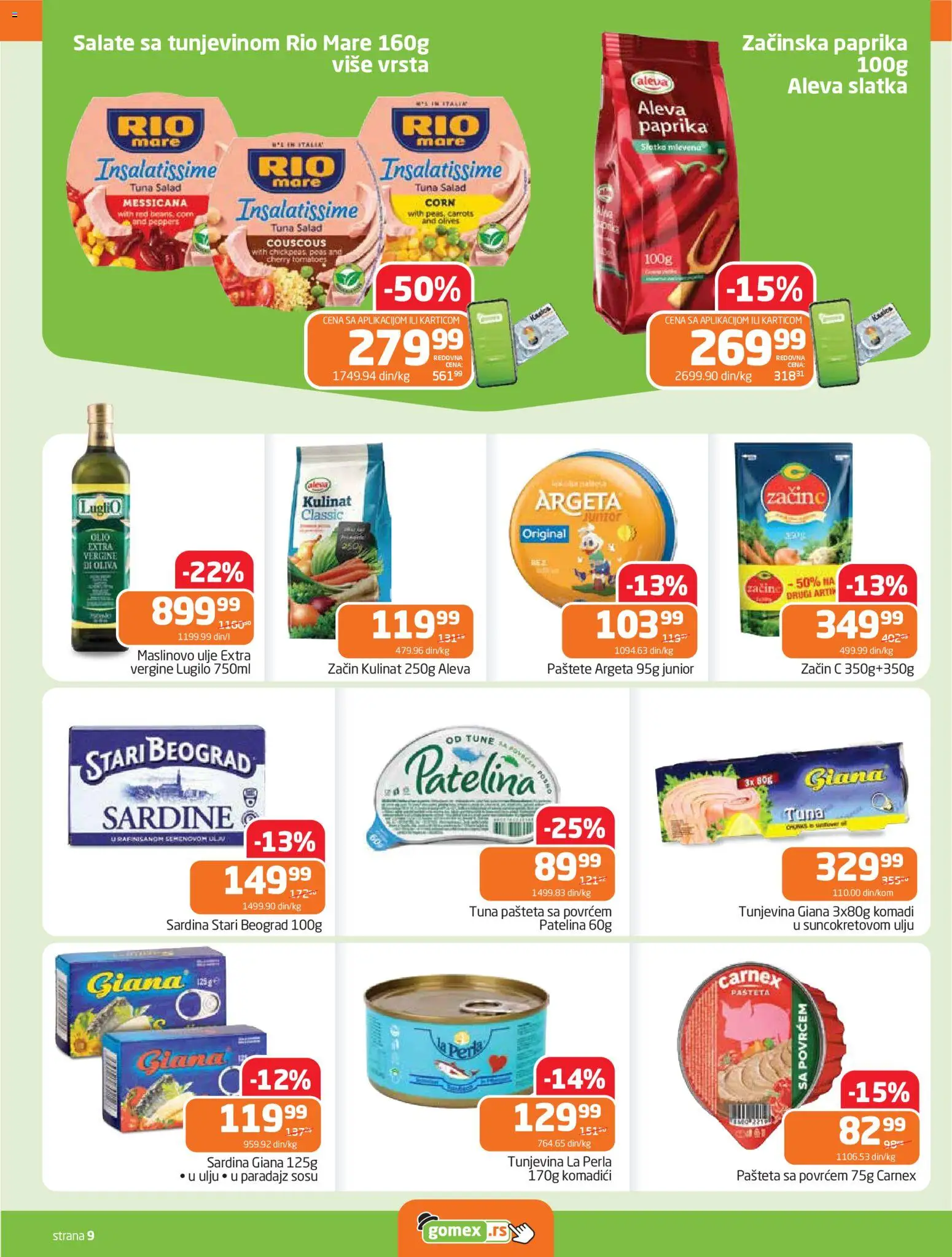 Gomex katalog - važi od 15.04.2026 | Strana: 9 | Proizvode: Paprika, Maslinovo ulje, Pašteta, Sardina