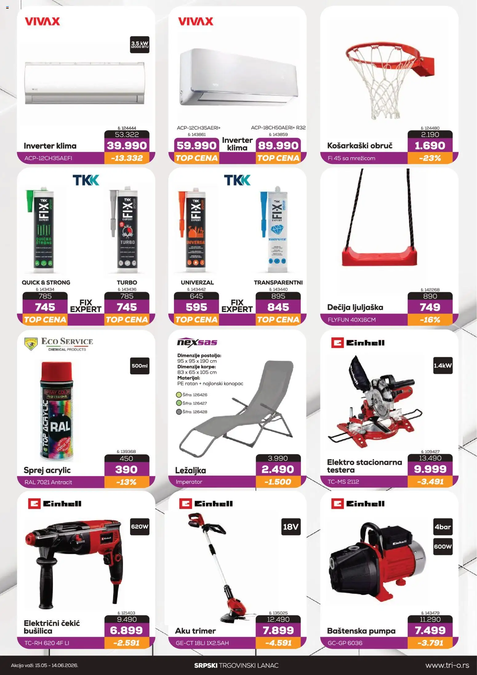 Tri O katalog - važi od 15.05.2026 | Strana: 3 | Proizvode: Ležaljka, Ljuljaška, Inverter klima, Klima