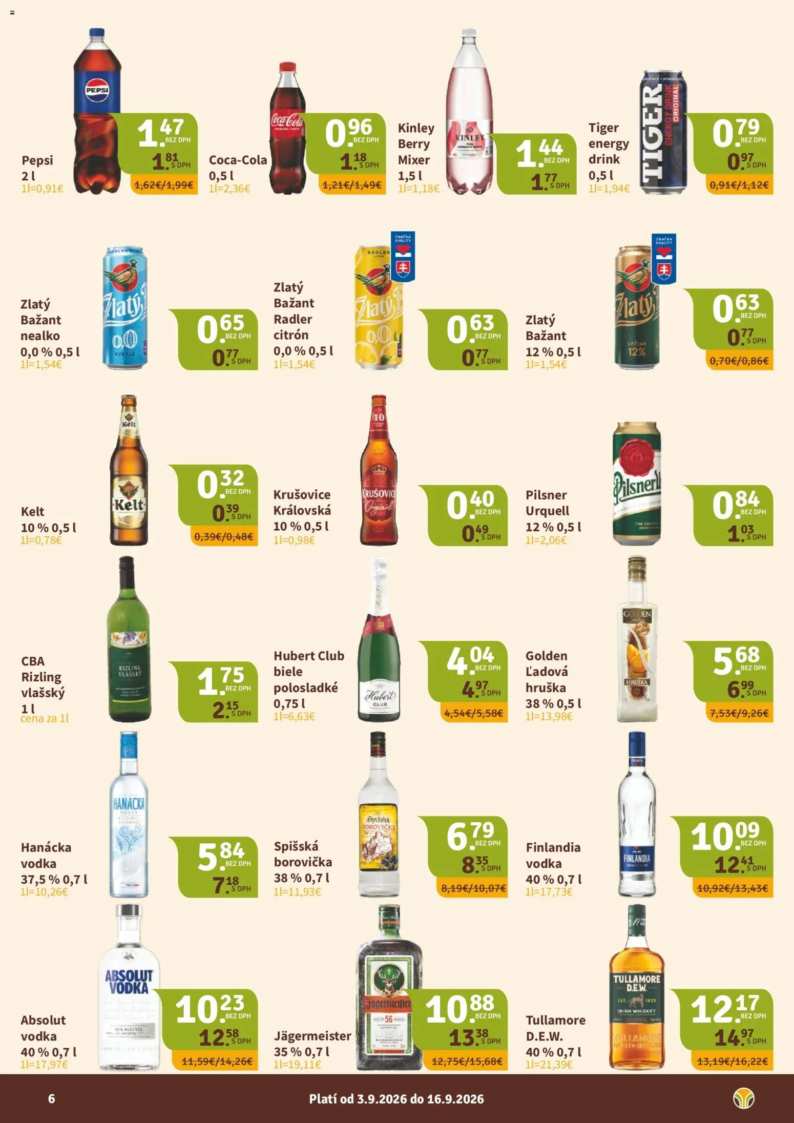 Nové Nitrazdroj akcie – leták je platný od 03.09.2026 | Strana: 6 | Produkty: Mixér, Krušovice, Zlatý Bažant, Coca cola
