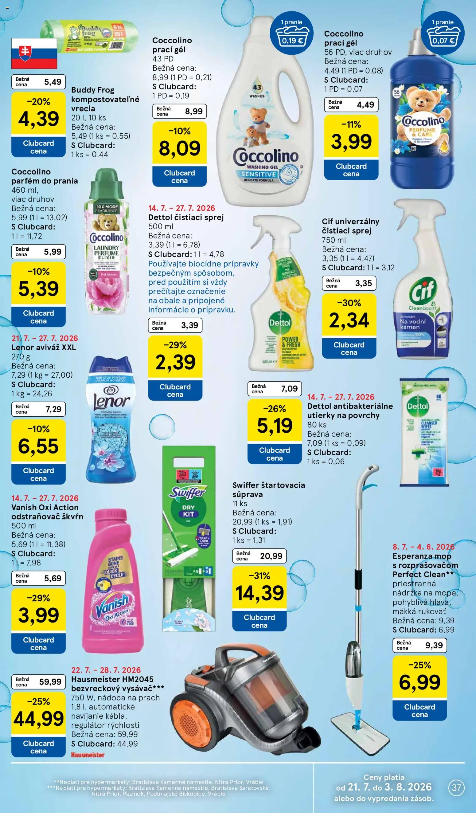 Nové Tesco akcie – leták je platný od 22.07.2026 | Strana: 37 | Produkty: Bezvreckový vysávač, Vysávač, Aviváž, Coccolino