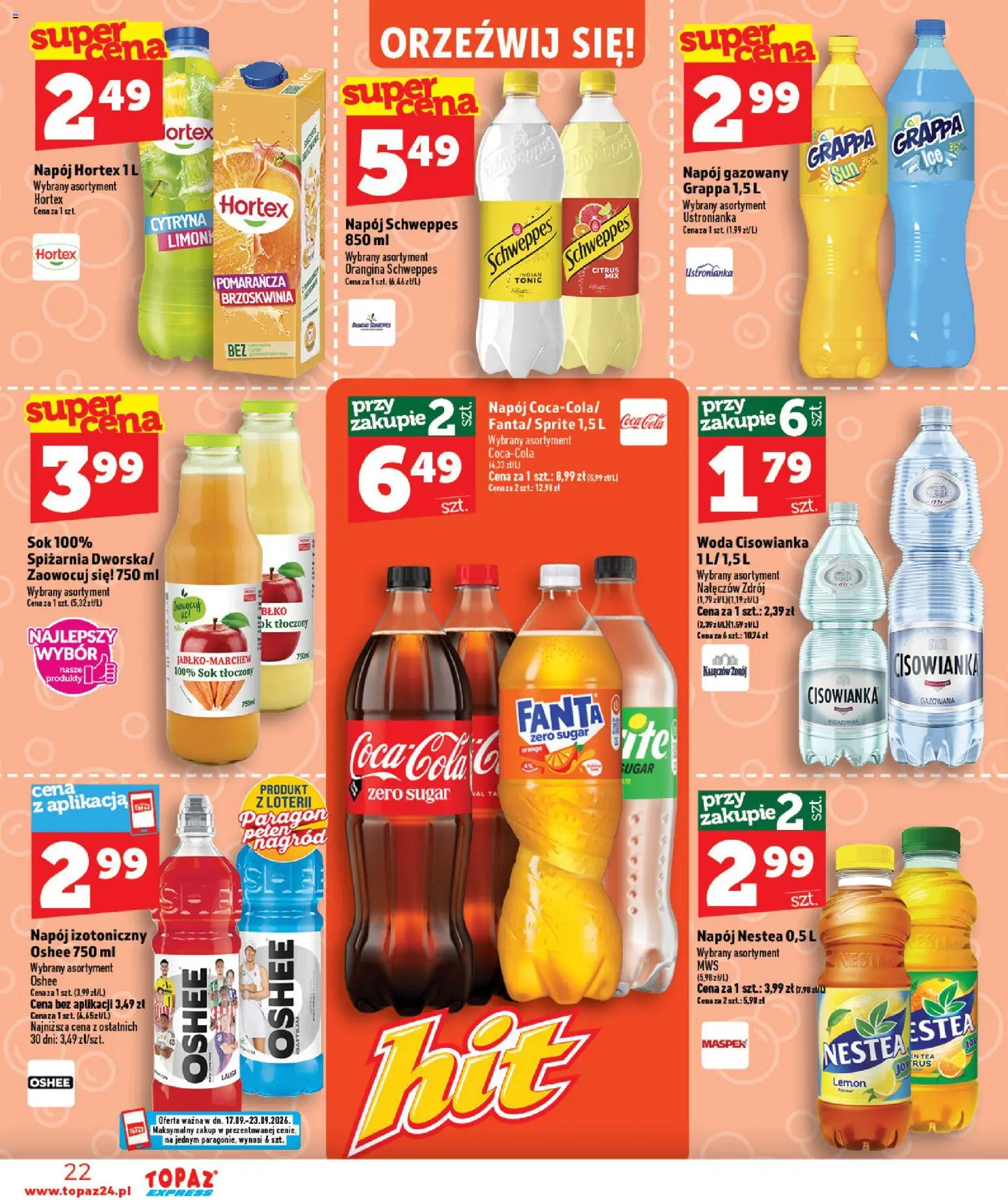 Topaz gazetka - Express od 17.09.2026 | Strona: 22 | Produkty: Cisowianka, Sprite, Coca cola, Fanta