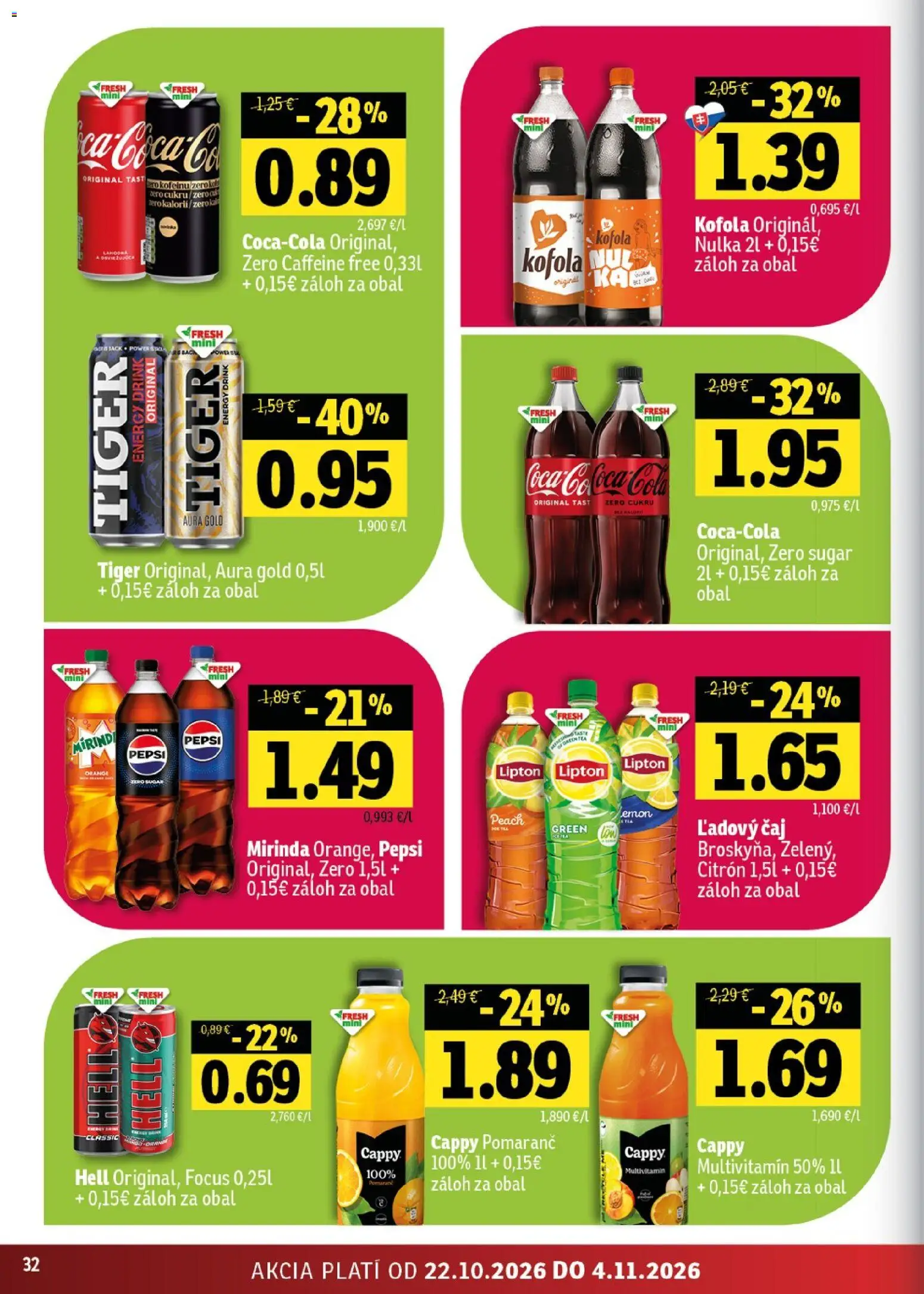 Nové Fresh akcie – leták je platný od 22.10.2026 | Strana: 32 | Produkty: Multivitamín, Kofola, Pepsi, Mirinda