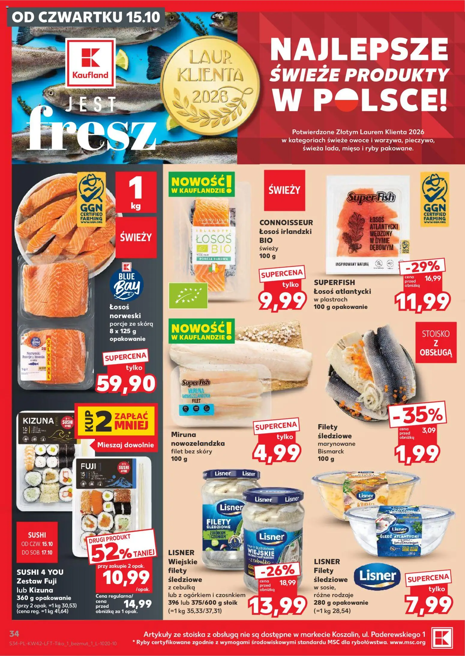Kaufland Polsko leták - Jest fresz od 15.10.2026 | Strana: 34 | Produkty: Ryby, Losos, Sushi, Filet