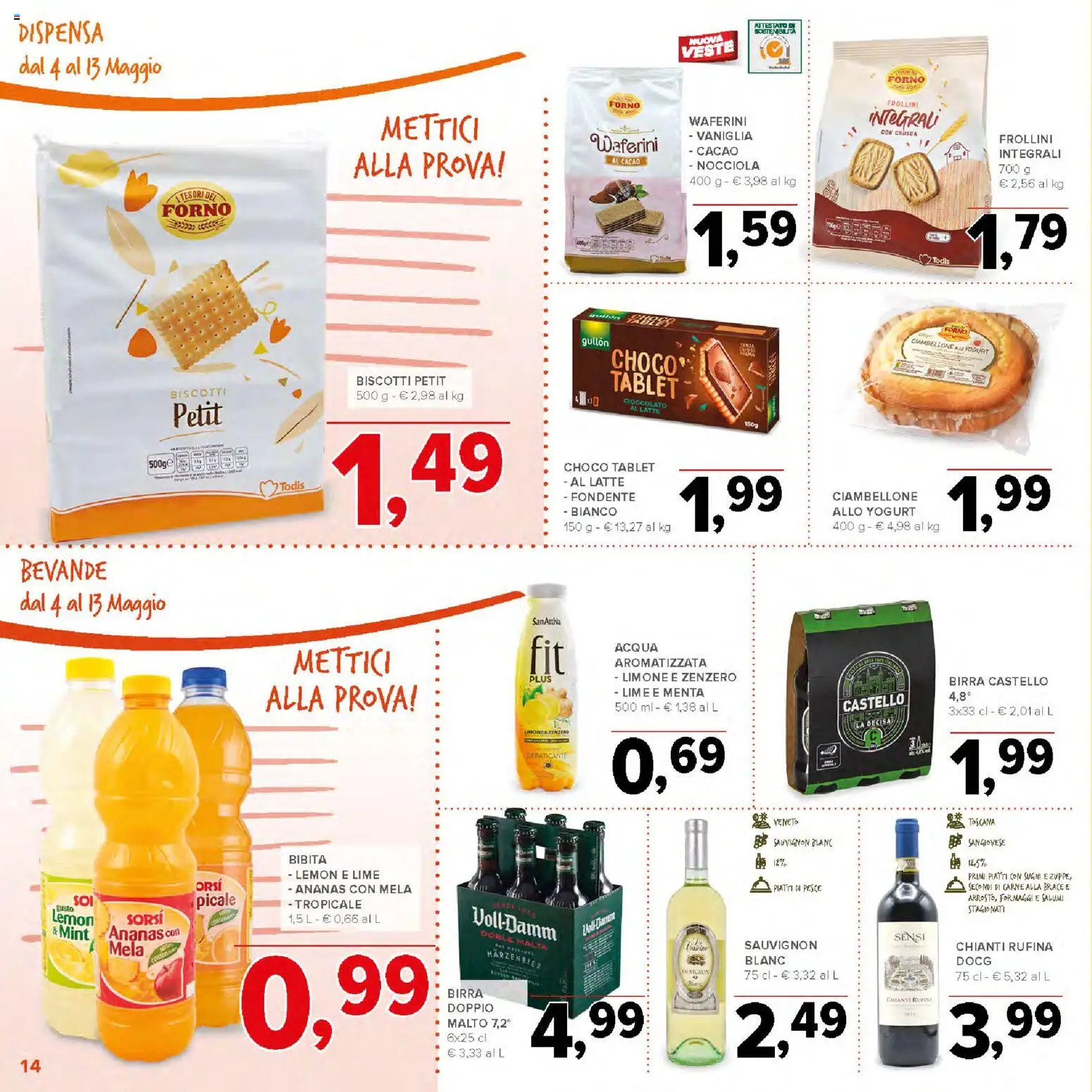 Volantino Todis del 04.05.2026 | Pagina: 14 | Prodotti: Biscotti, Acqua, Latte, Frollini