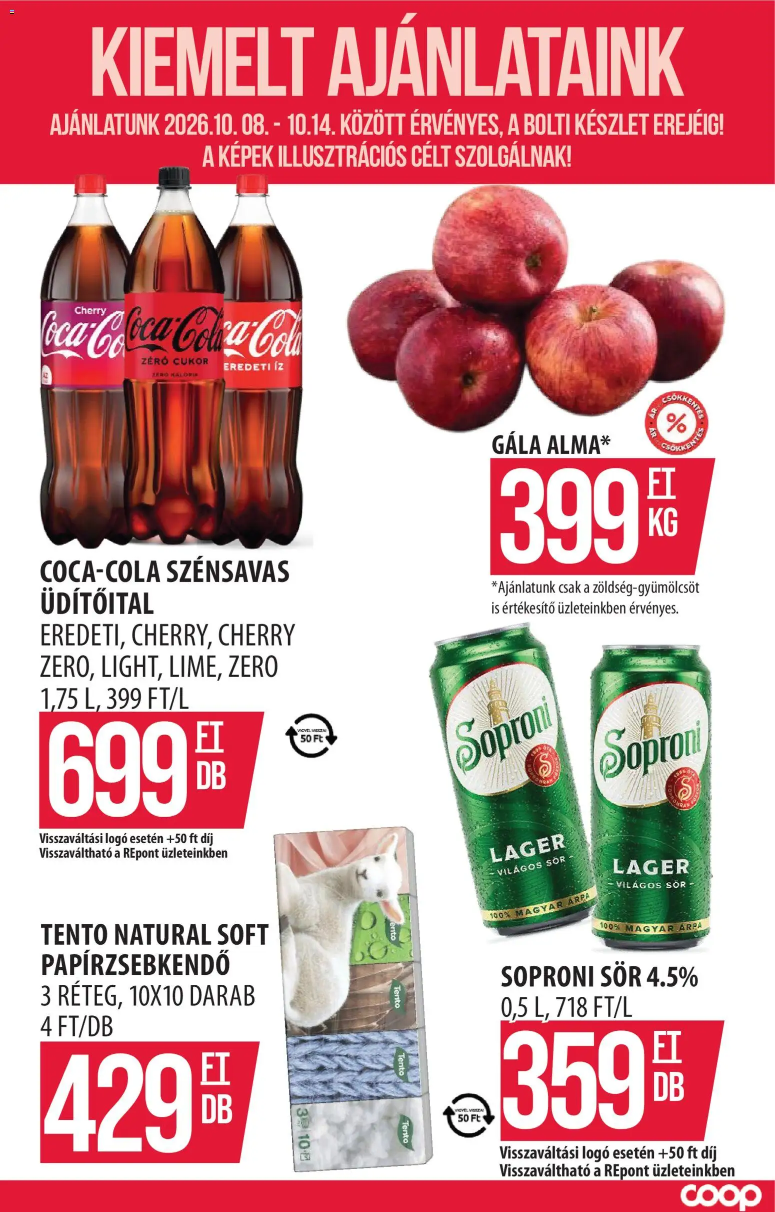 COOP Szolnok akciós ujság - amely érvényes a következő dátumtól: 2026.10.08. | Oldal: 4 | Termékek: Üdítőital, Soproni, Tento, Világos sör