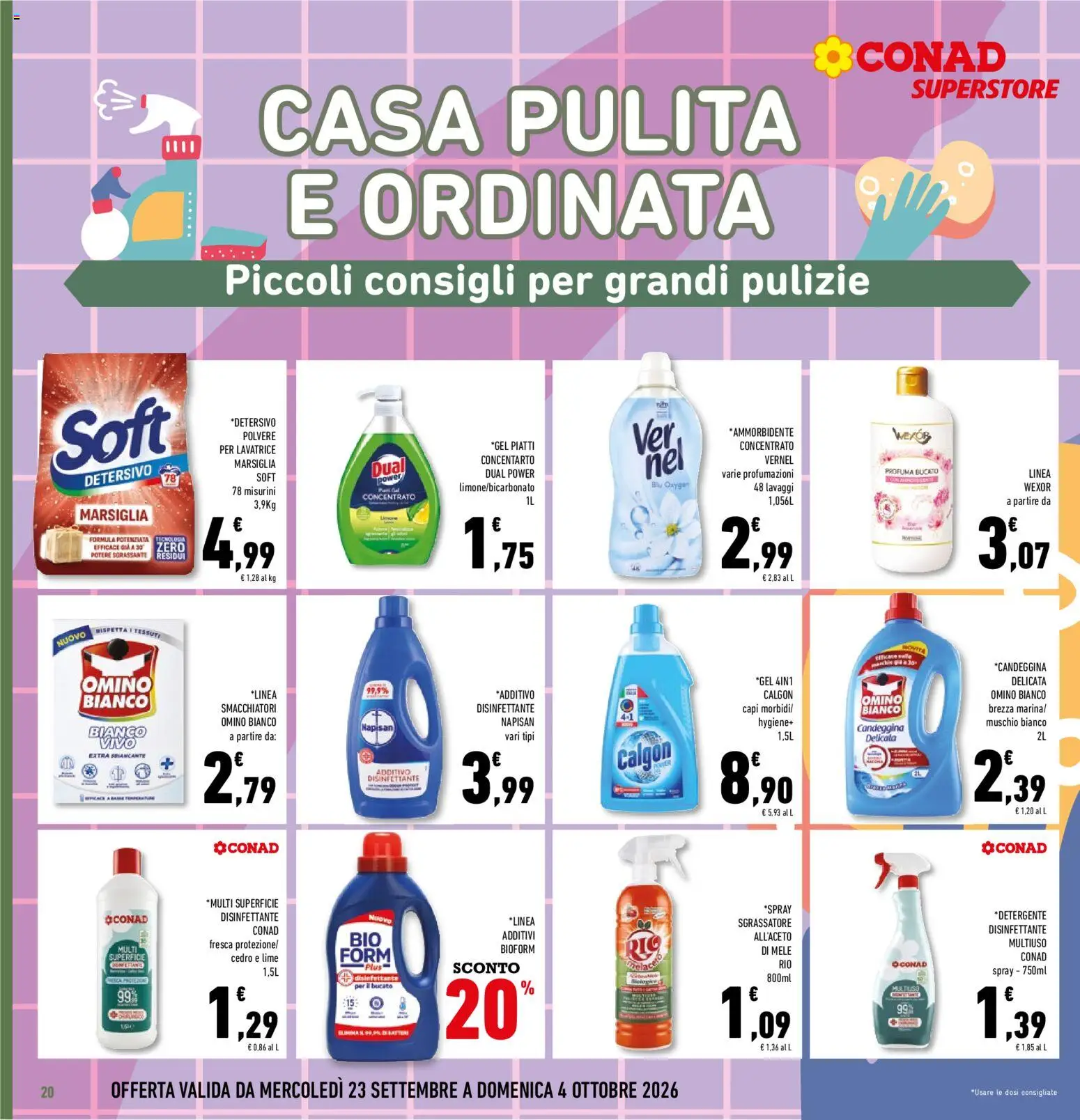 Volantino Conad del 23/09/2026 | Pagina: 20 | Prodotti: Piatti, Sgrassatore, Lavatrice, Smacchiatori
