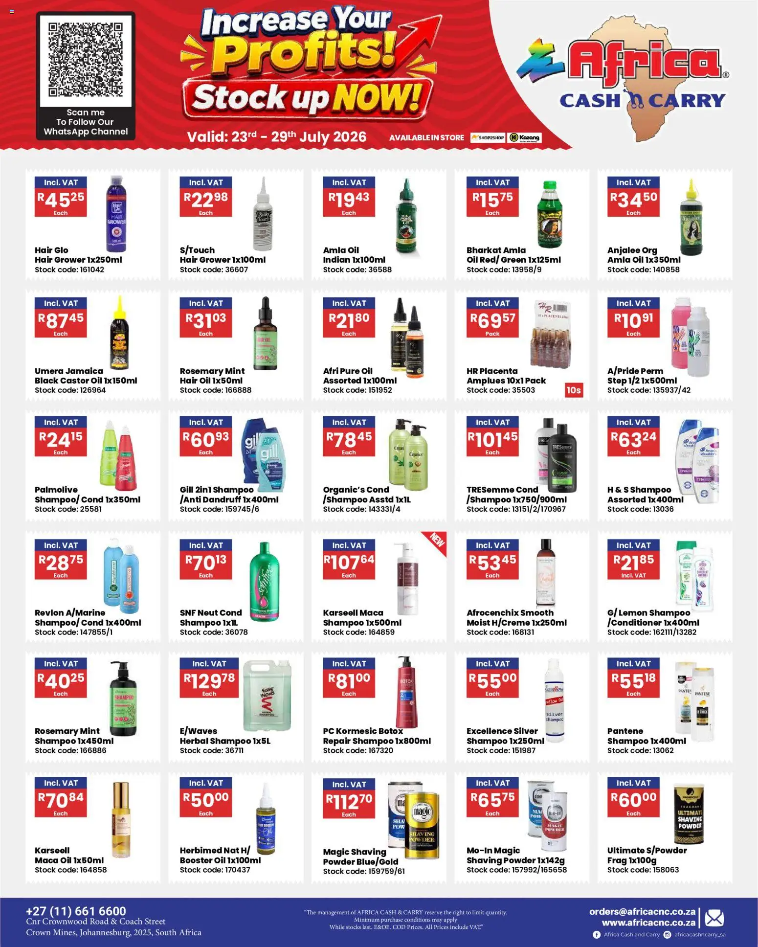 New Africa Cash & Carry catalogue – valid from 23/07/2026 | Page: 2 | Products: Powder, Shampoo, Stock, Lemon