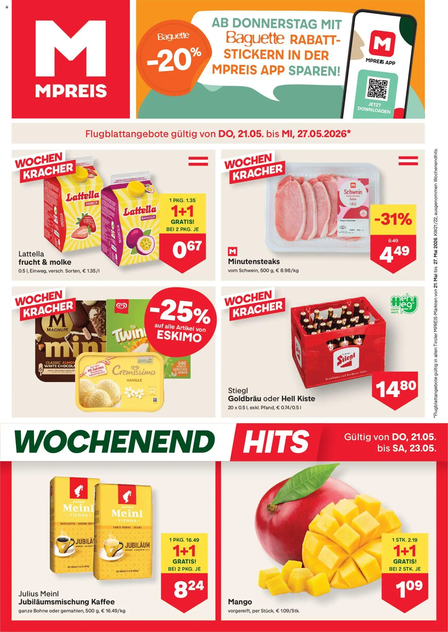 MPREIS Flugblatt gültig ab 21.05.2026 | Seite: 1 | Produkte: Eis, Mango, Jääkaappipakastin, Kaffee